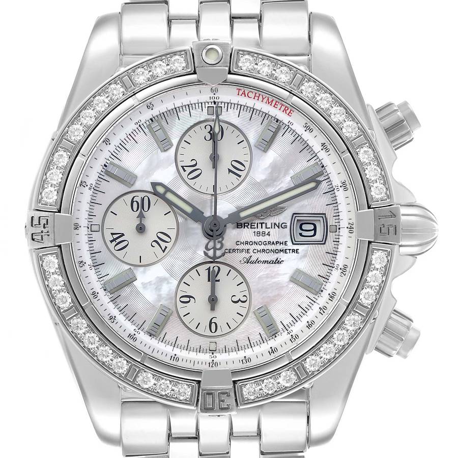 The Breitling Chronomat A13356 Men's Stainless Steel Mother of Pearl Dial watch is shown from the front, displaying the dial, bezel, and part of the bracelet.