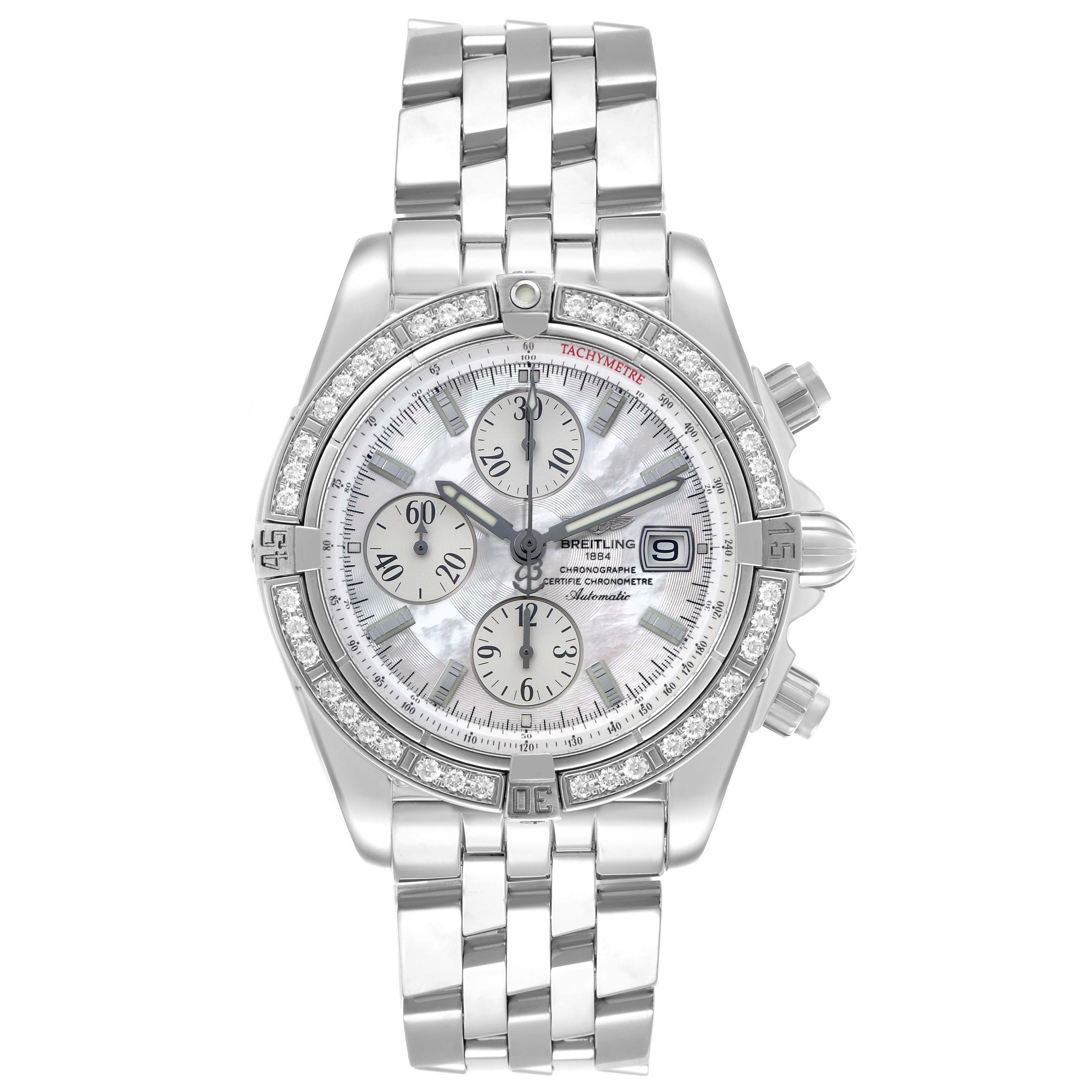 The Breitling Chronomat A13356 Men's Stainless Steel Mother of Pearl Dial watch is shown from the front, displaying the dial, bezel, bracelet, and three sub-dials.