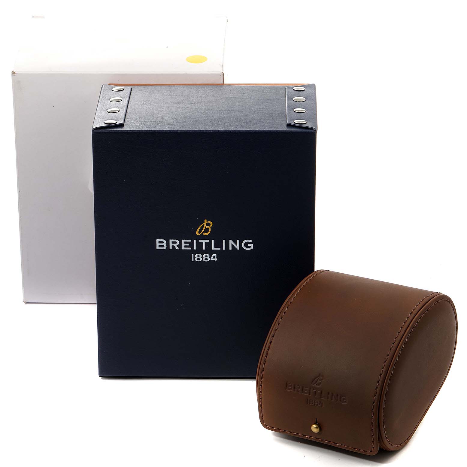The image shows the packaging for a Breitling Superocean A17365 Men's Stainless Steel Black Dial A17365 Men's Stainless Steel Black Dial watch, including a branded outer box, an inner box, and a brown leather case.