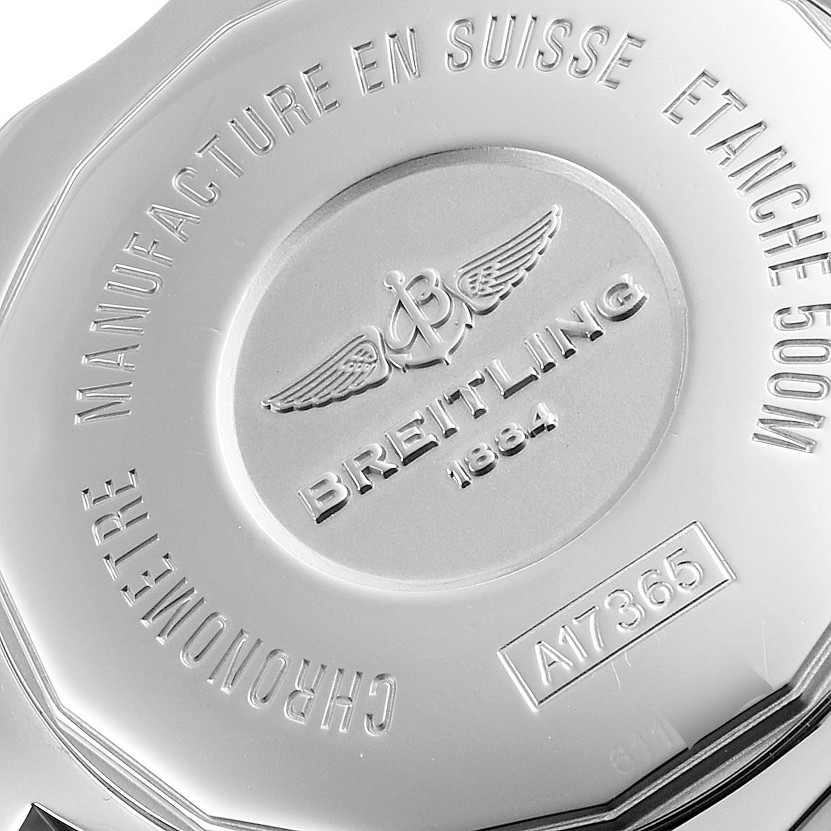 This image shows the back case of a Breitling Superocean A17365 Men's Stainless Steel Black Dial A17365 Men's Stainless Steel Black Dial watch, highlighting the brand logo and model number A17365.