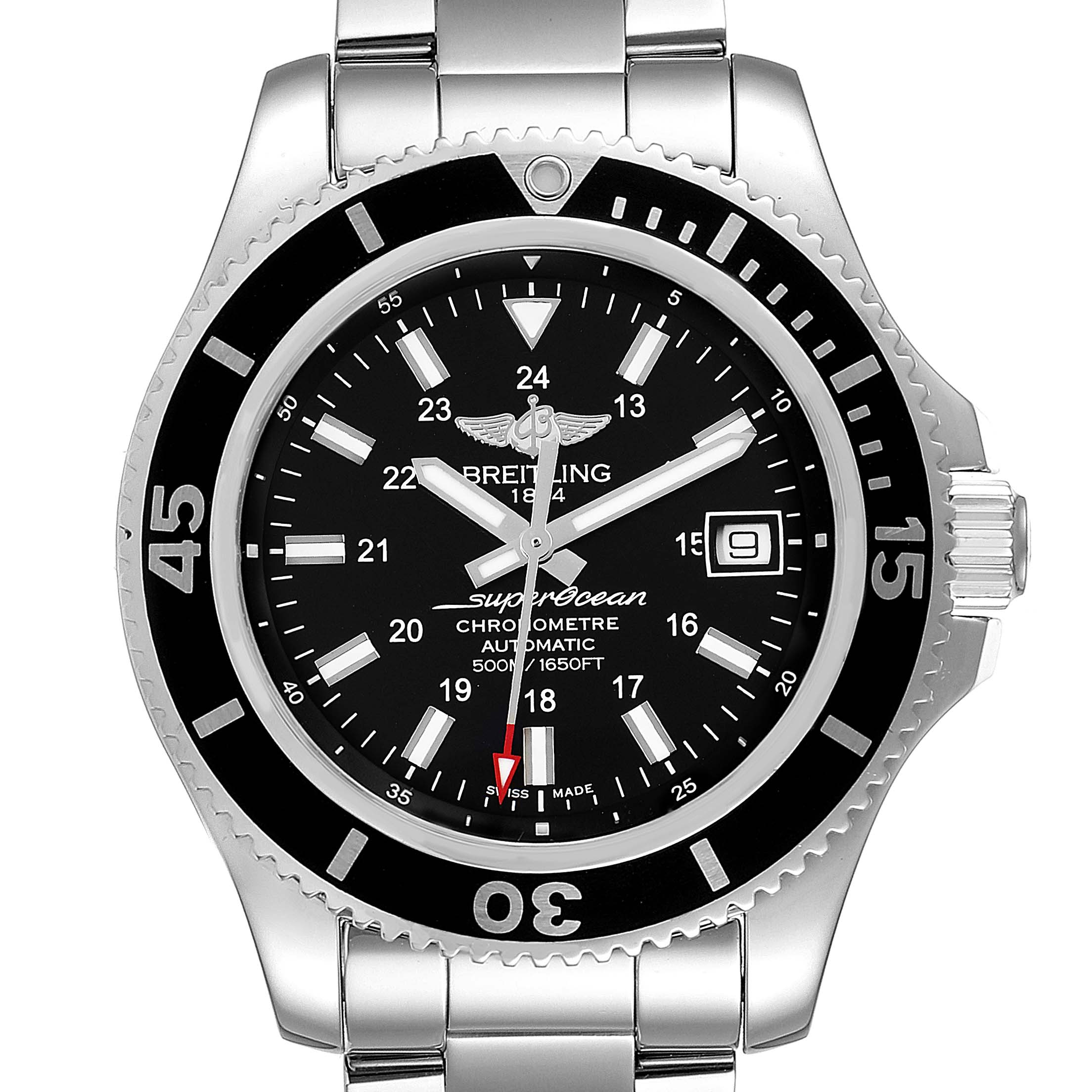 This image shows a front view of the Breitling Superocean A17365 Men's Stainless Steel Black Dial A17365 Men's Stainless Steel Black Dial watch, highlighting its black dial, bezel, date window, and stainless steel bracelet.