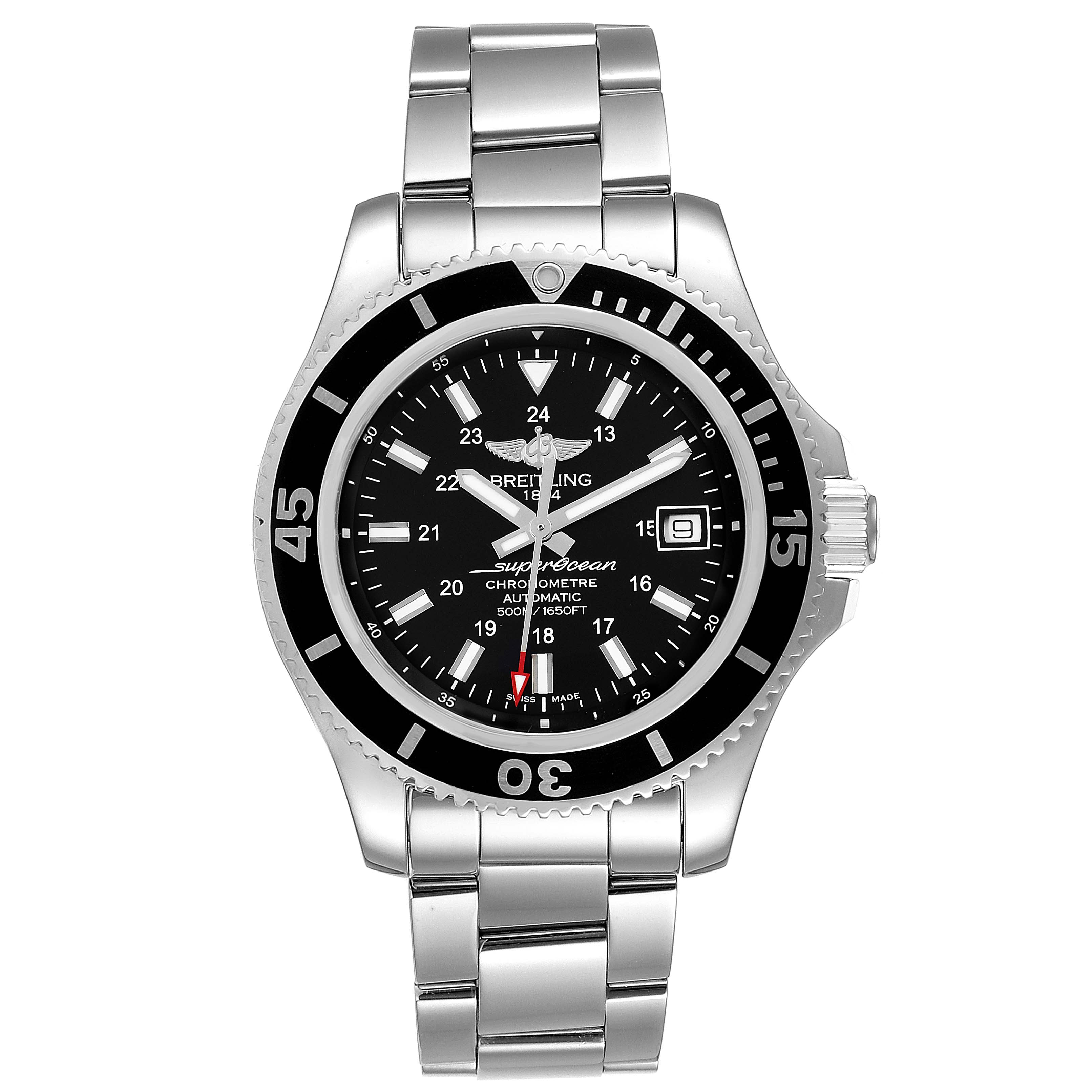This is a direct front view of a Breitling Superocean A17365 Men's Stainless Steel Black Dial A17365 Men's Stainless Steel Black Dial watch showing its face, bezel, crown, and stainless steel bracelet.