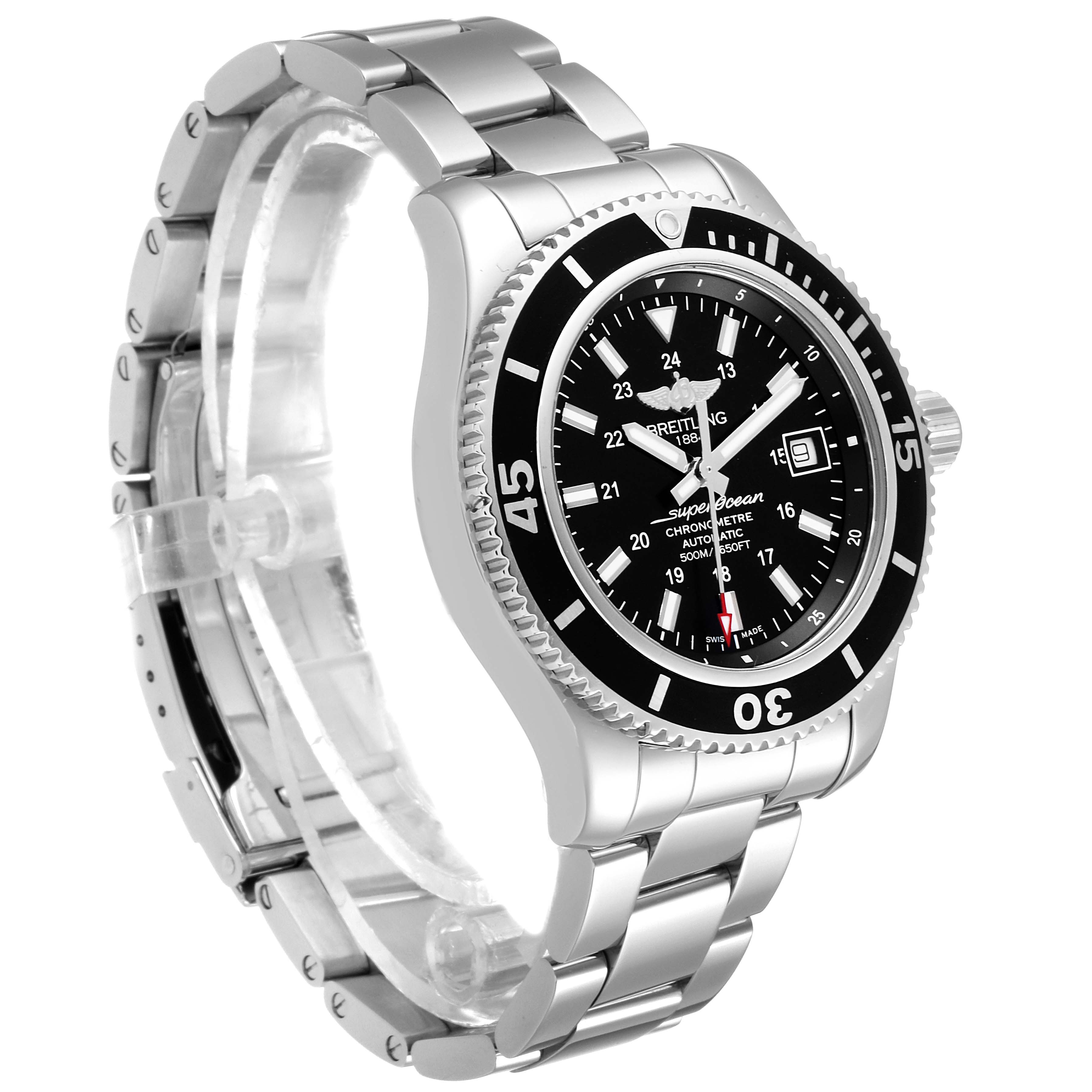 The Breitling Superocean A17365 Men's Stainless Steel Black Dial A17365 Men's Stainless Steel Black Dial watch is shown at a three-quarter angle, displaying the dial, bezel, and metal bracelet.
