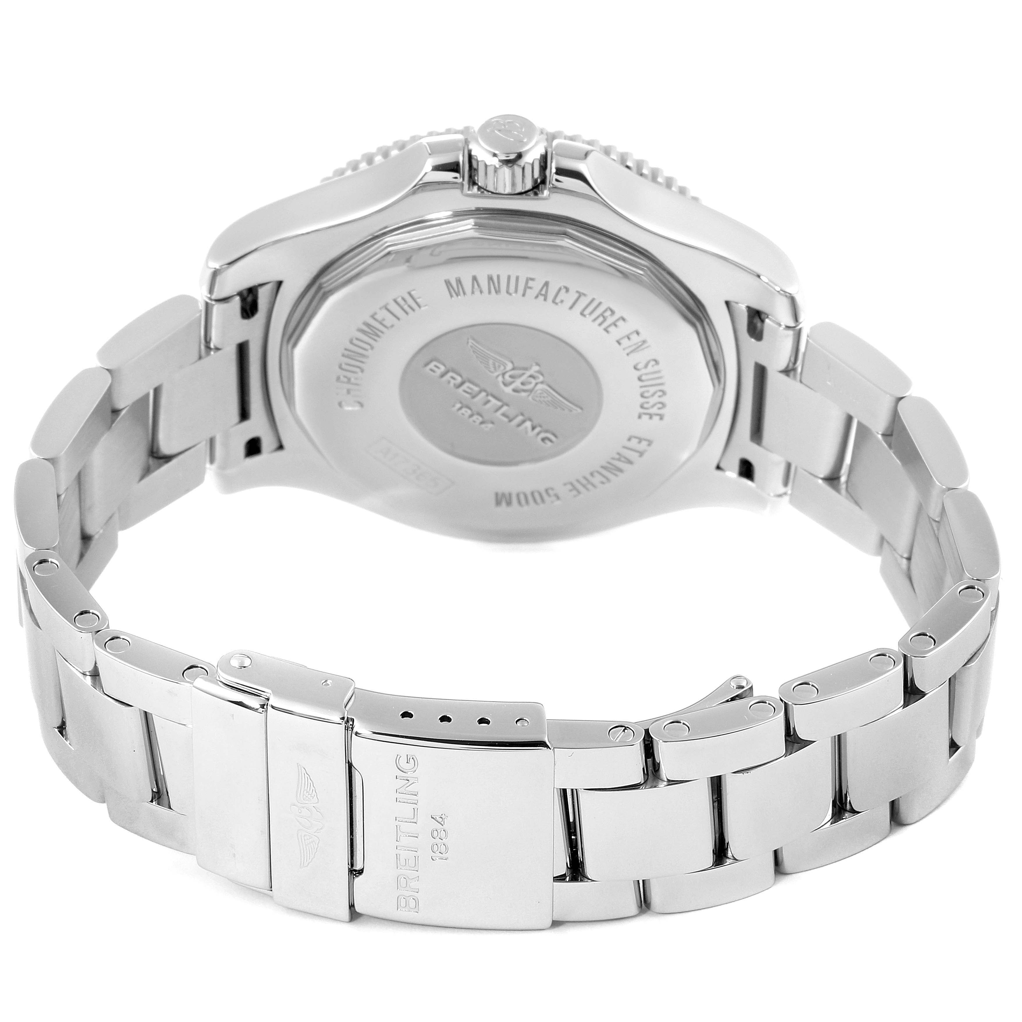 This image shows the back case and metal bracelet of a Breitling Superocean A17365 Men's Stainless Steel Black Dial A17365 Men's Stainless Steel Black Dial watch.