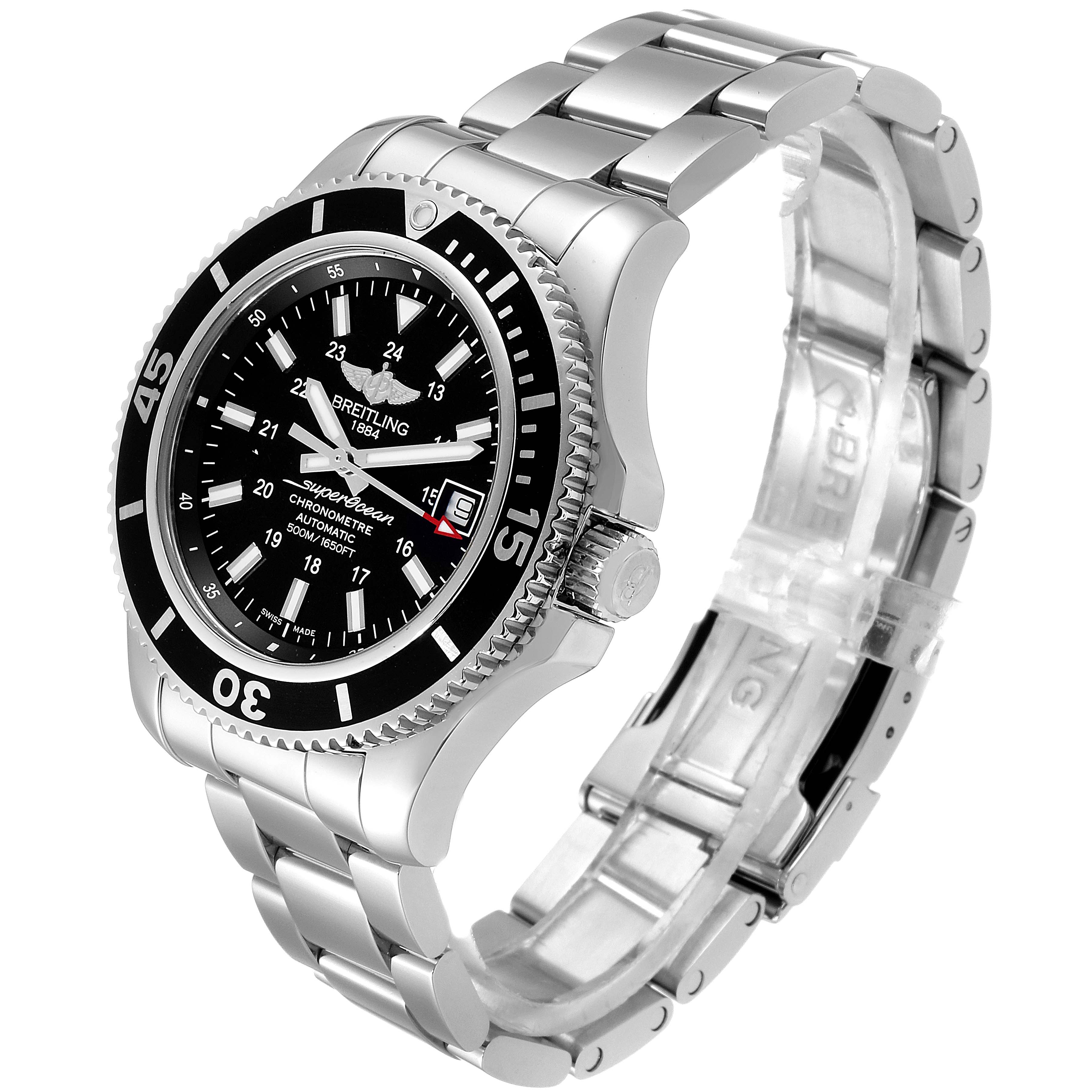 The Breitling Superocean A17365 Men's Stainless Steel Black Dial A17365 Men's Stainless Steel Black Dial watch is shown at a three-quarter angle, highlighting its face, bezel, crown, and metal bracelet.