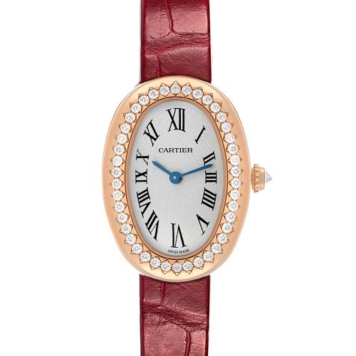 The Cartier Baignoire WJBA0031 Women's Rose Gold Silver Dial watch shown is viewed from the front, highlighting its oval face, Roman numerals, and diamond-encrusted bezel.