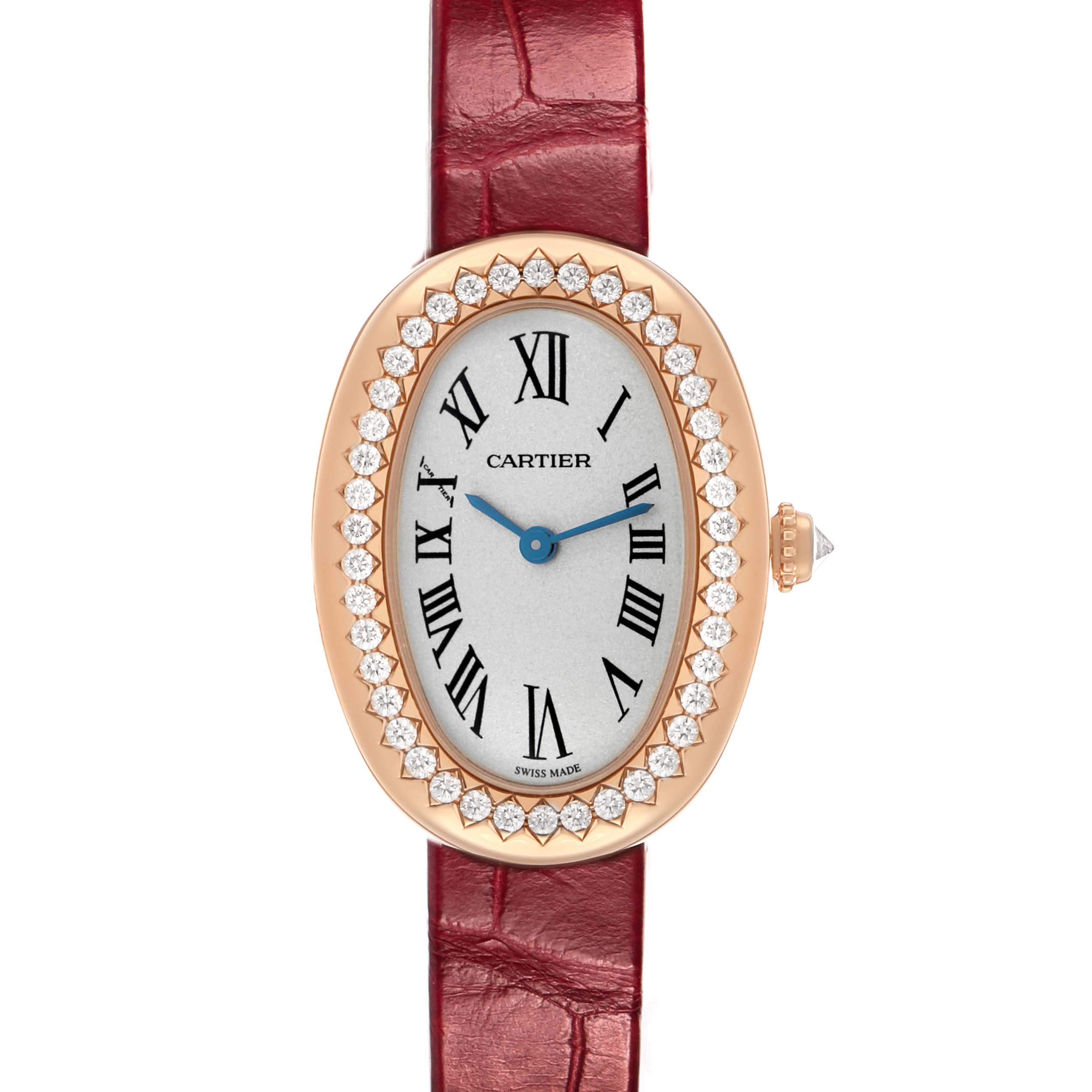 The Cartier Baignoire WJBA0031 Women's Rose Gold Silver Dial watch is shown from a front angle, highlighting its oval dial, diamond bezel, and red leather strap.