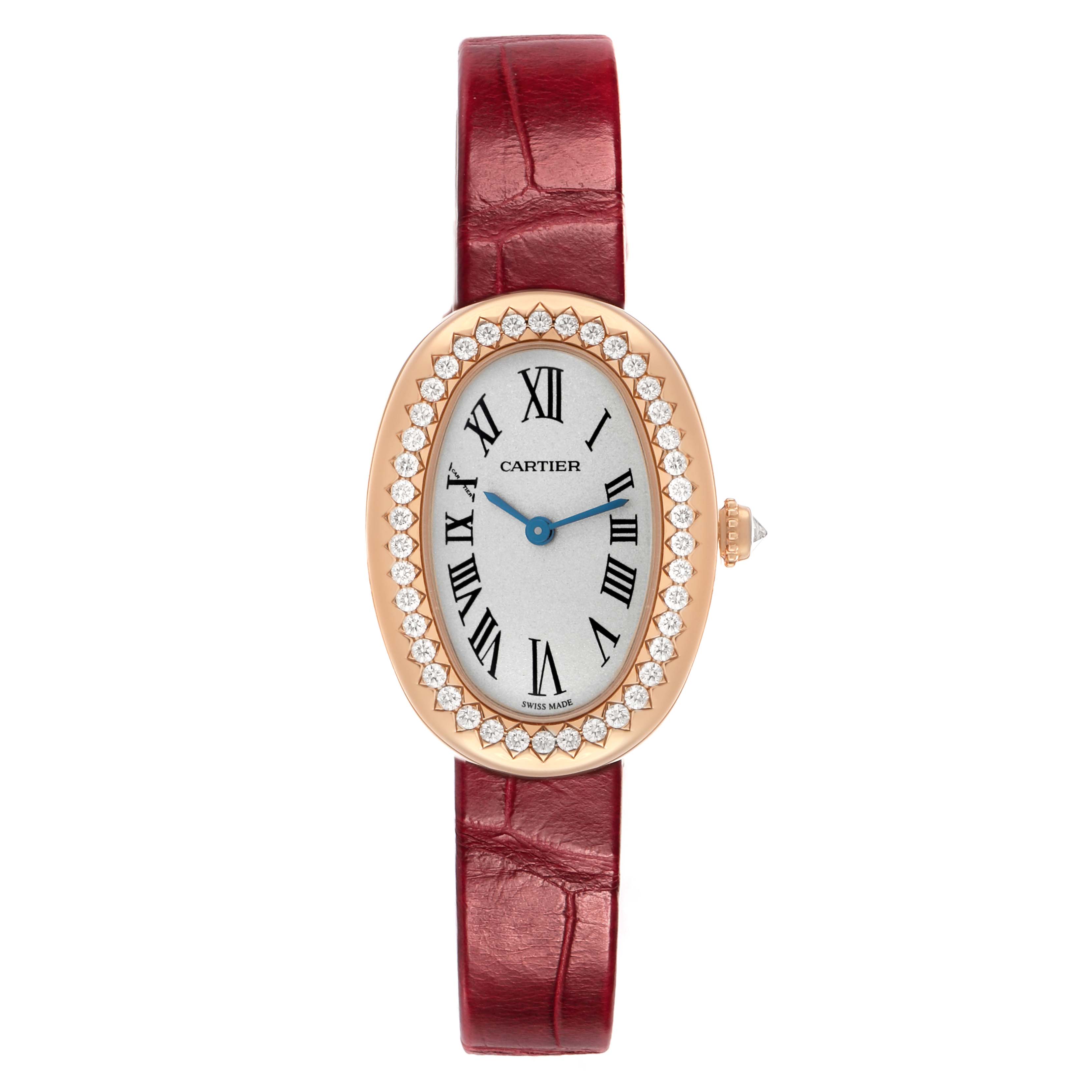 The Cartier Baignoire WJBA0031 Women's Rose Gold Silver Dial watch is shown from a top view, highlighting its oval face, diamond bezel, and red leather strap.