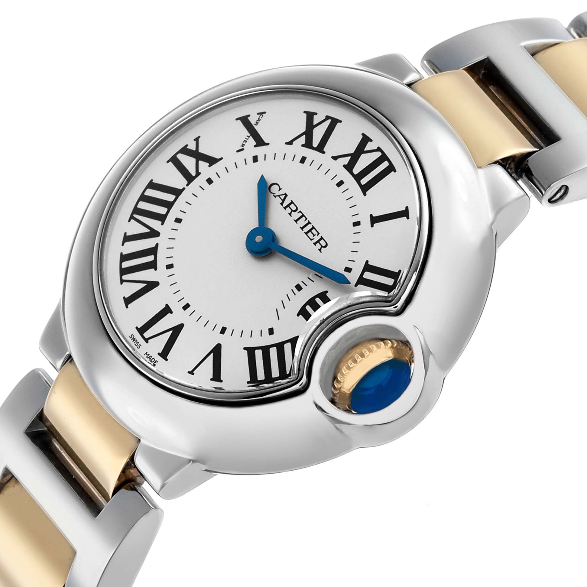 The Cartier Ballon Bleu W69007Z3 Women's Stainless Steel Silver Dial watch is shown at a slight angle, highlighting the dial, bezel, crown, and part of the bracelet.