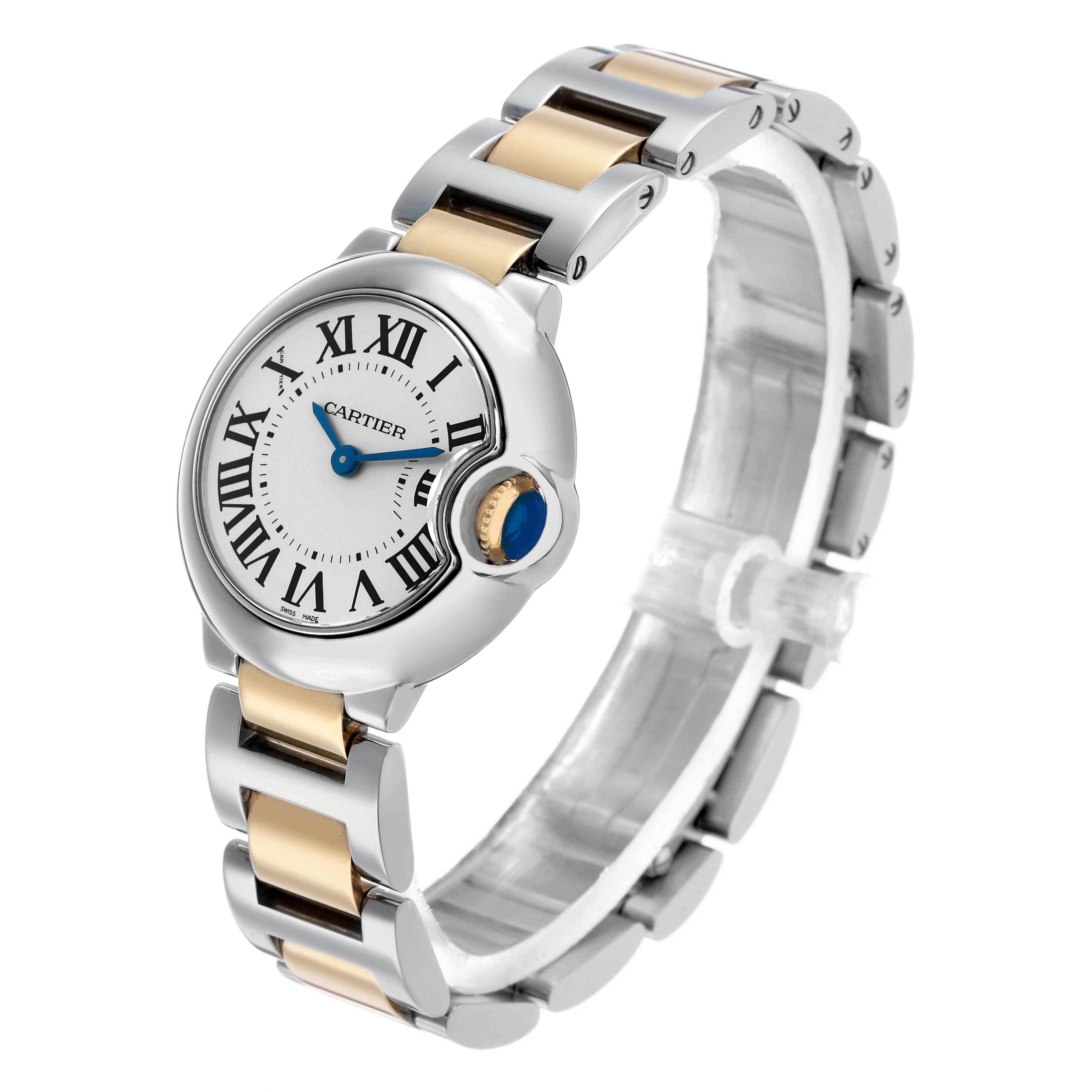 The Cartier Ballon Bleu W69007Z3 Women's Stainless Steel Silver Dial watch is shown at an angled view, displaying the face, crown, and partial bracelet with metal links.