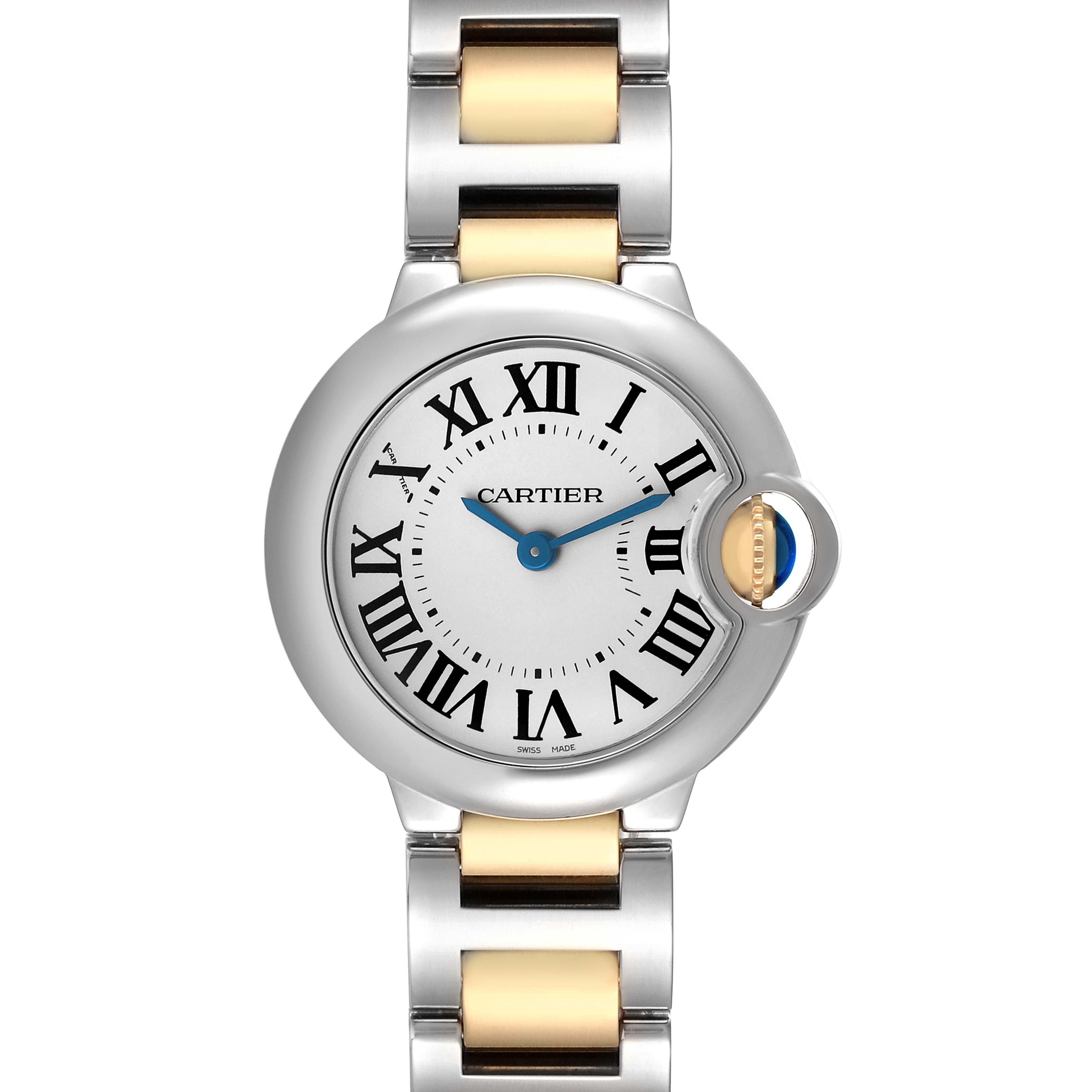 The Cartier Ballon Bleu W69007Z3 Women's Stainless Steel Silver Dial watch is shown from a front angle, highlighting its round face, roman numerals, and bi-metal bracelet.