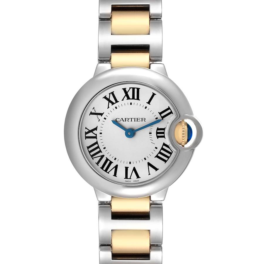 The Cartier Ballon Bleu W69007Z3 Women's Stainless Steel Silver Dial watch is shown from a front angle, highlighting its round face, roman numerals, and bi-metal bracelet.