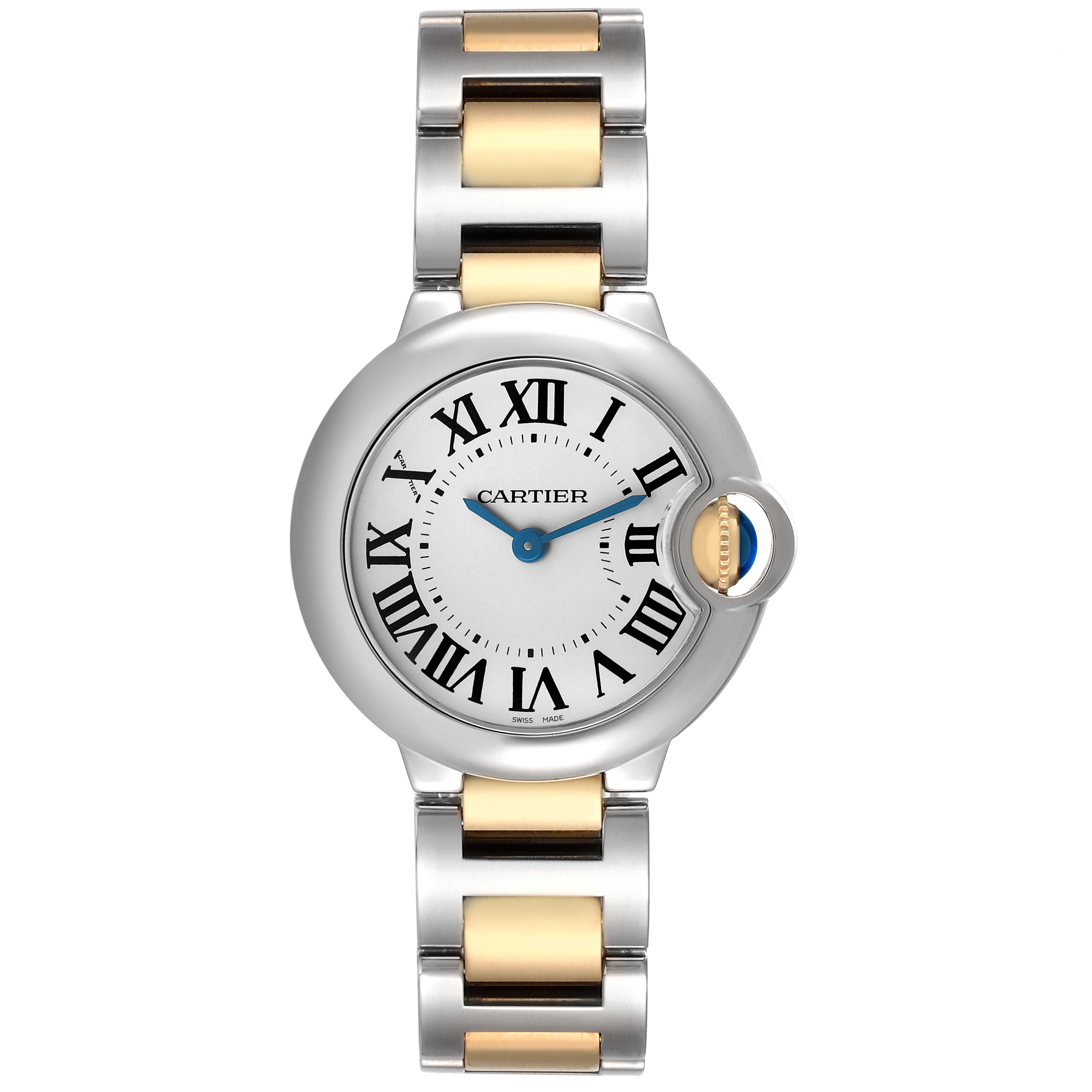 The Cartier Ballon Bleu W69007Z3 Women's Stainless Steel Silver Dial watch is shown from the front, displaying its dial, bracelet, and signature crown.