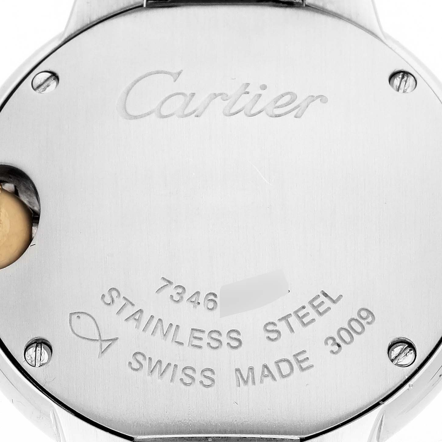 The image shows the stainless steel case back of the Ballon Bleu de Cartier watch, featuring engraved brand details.