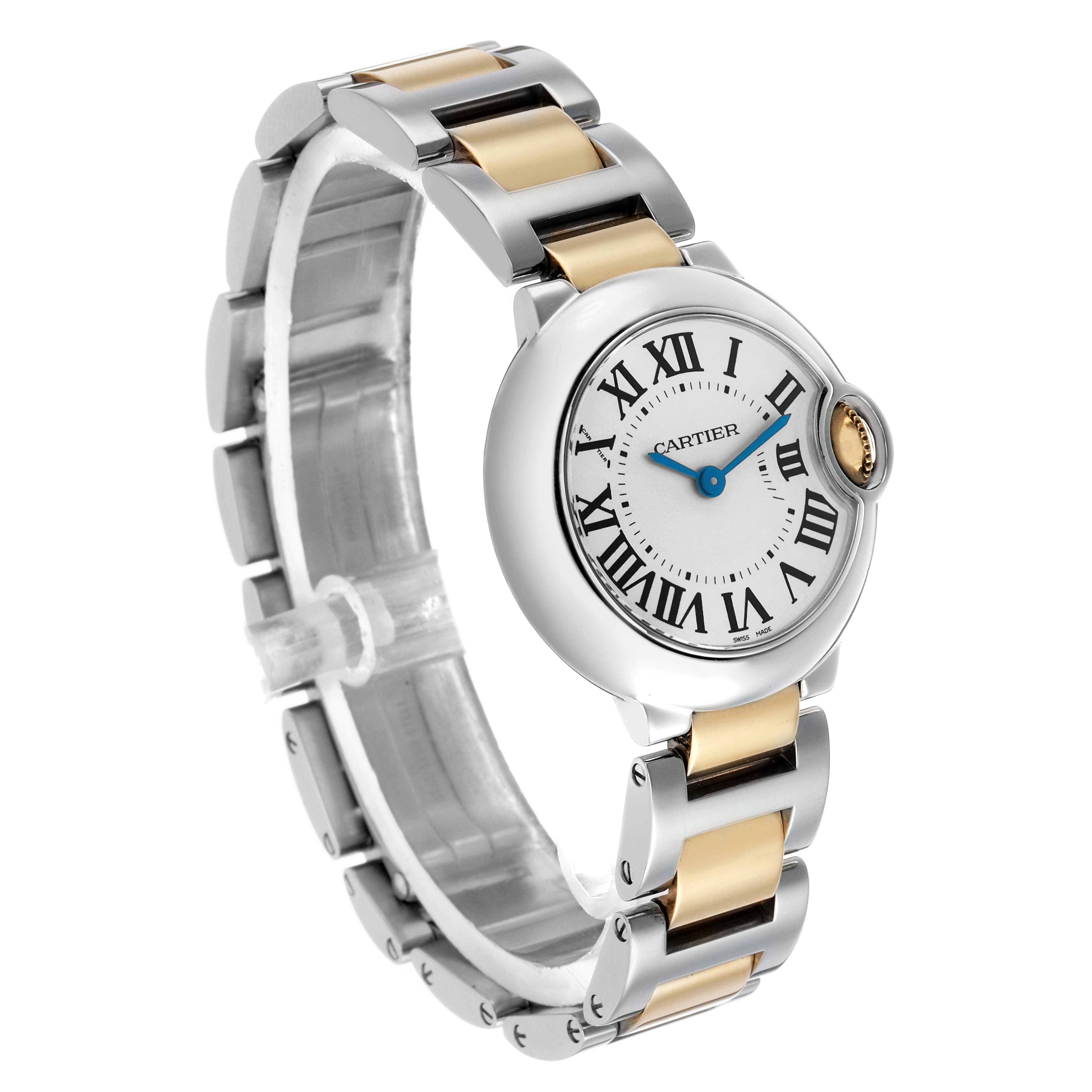 The Cartier Ballon Bleu W69007Z3 Women's Stainless Steel Silver Dial watch is shown at a three-quarter angle, highlighting the face, bracelet, and crown.