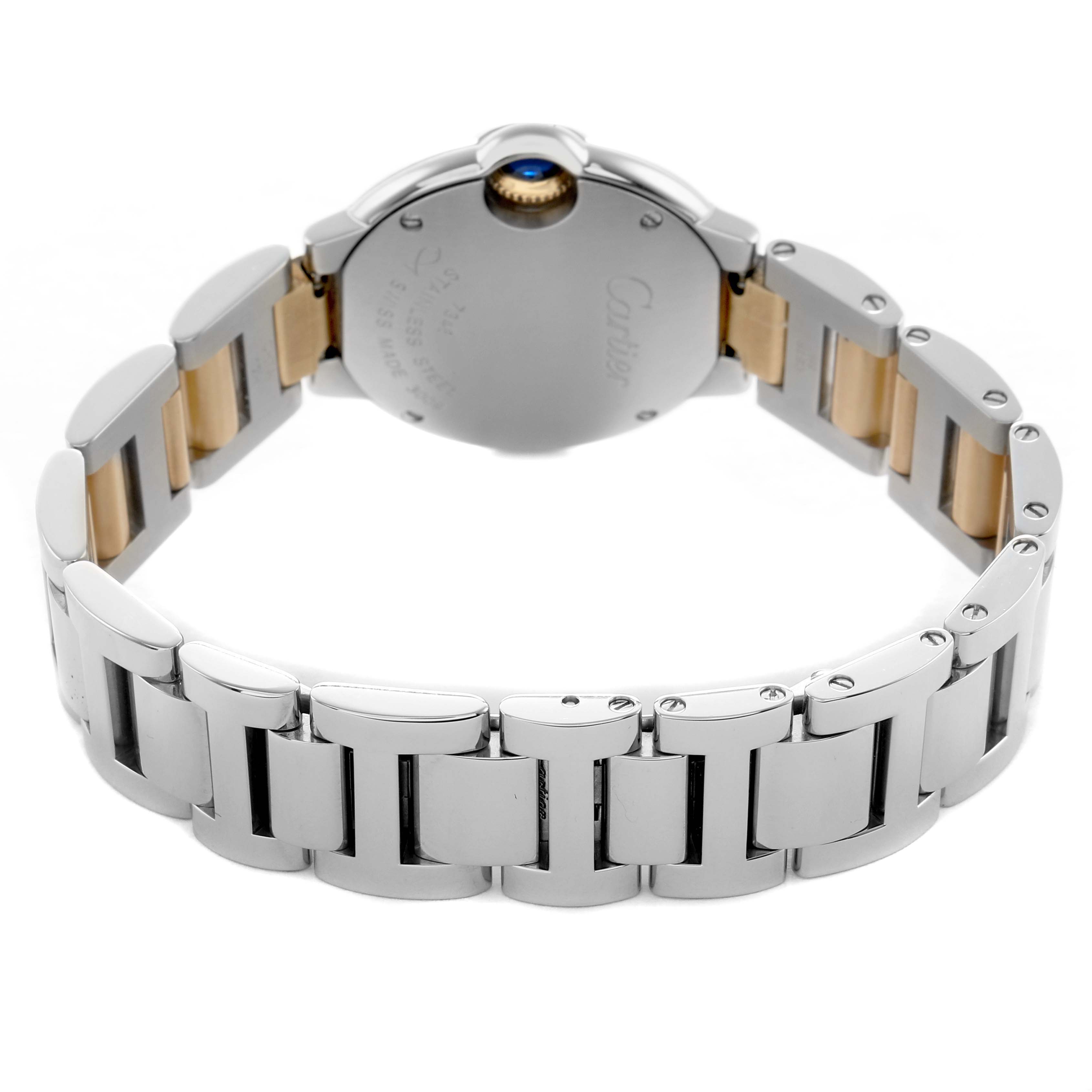 The Cartier Ballon Bleu W69007Z3 Women's Stainless Steel Silver Dial watch is shown from the back, displaying its bracelet and case back.