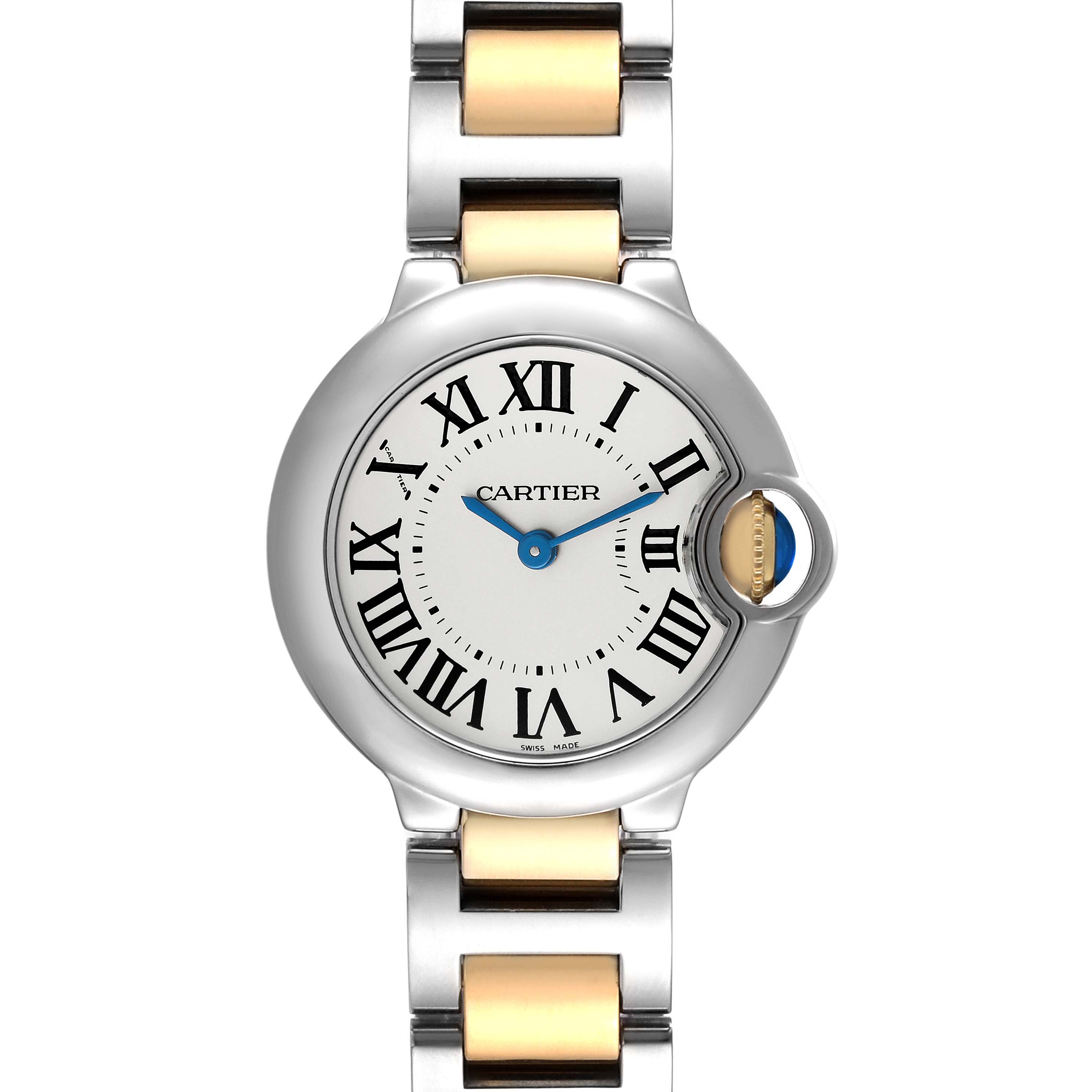 The image shows a front view of the Cartier Ballon Bleu W2BB0010 Women
s Steel and Gold (two tone) Silver Dial W2BB0010 Women
s Steel and Gold (two tone) Silver Dial watch featuring a silver and gold bracelet and a white dial with Roman numerals.