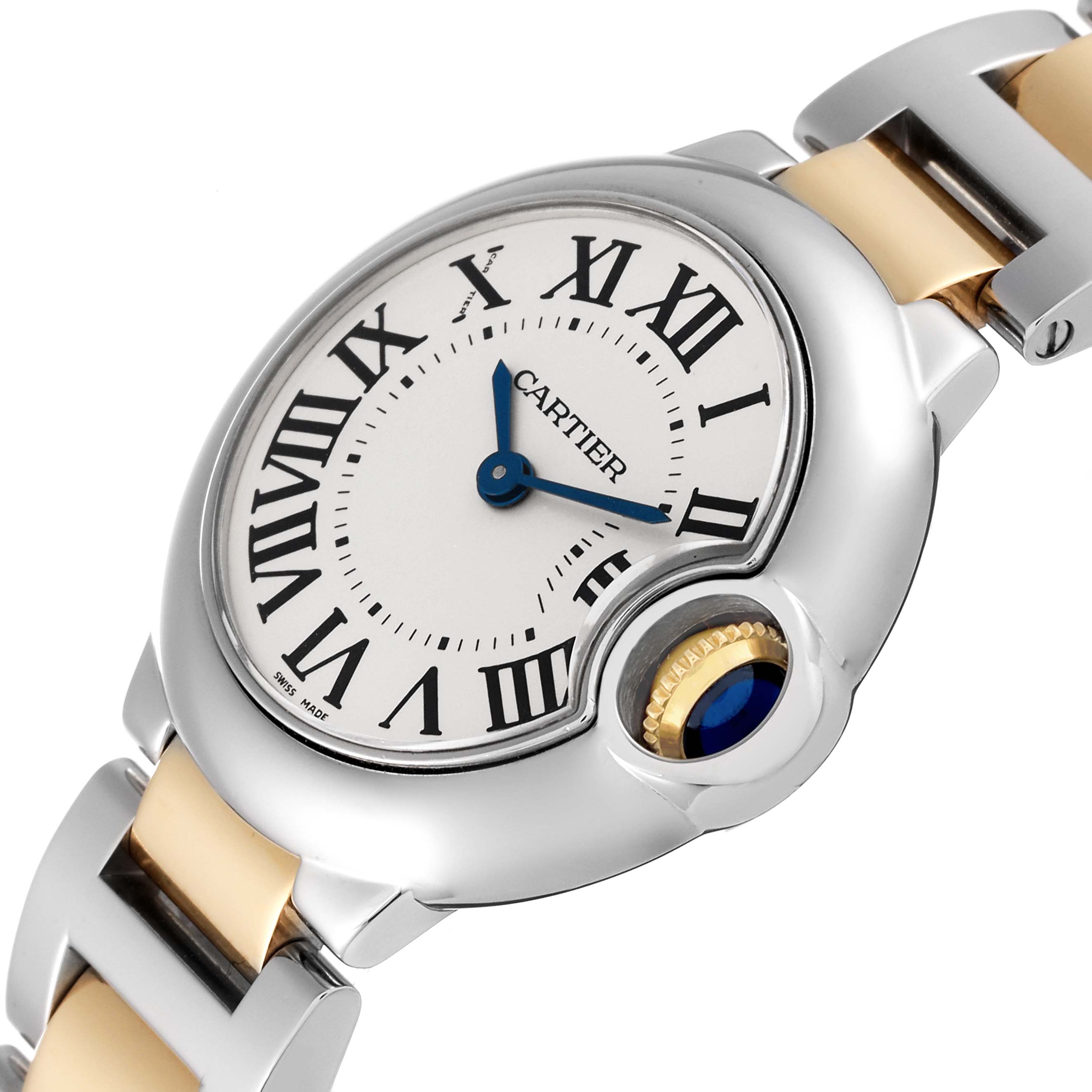 The image shows a close-up of the face and part of the bracelet of the Cartier Ballon Bleu W2BB0010 Women
s Steel and Gold (two tone) Silver Dial W2BB0010 Women
s Steel and Gold (two tone) Silver Dial watch, including the crown with a blue cabochon.