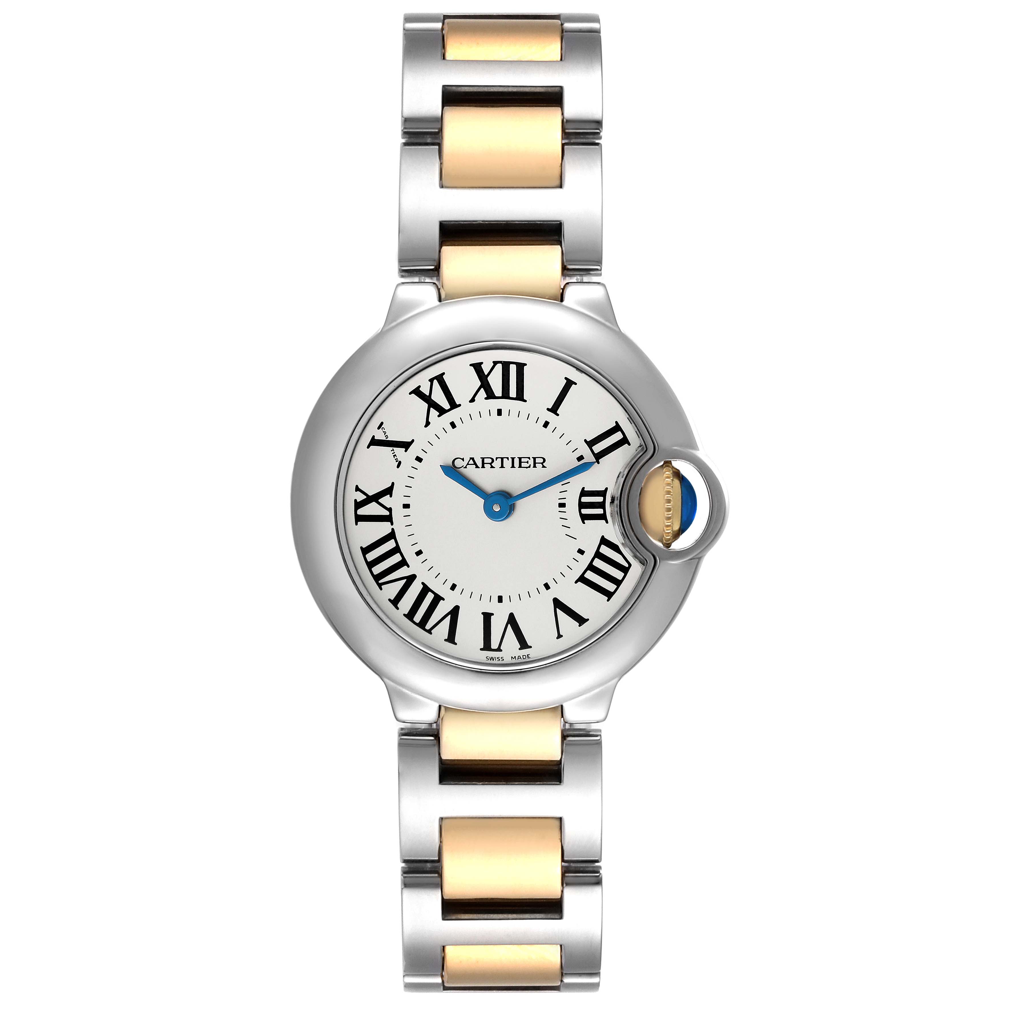 This image shows a front view of a Ballon Bleu model by Cartier, highlighting the face and bracelet.