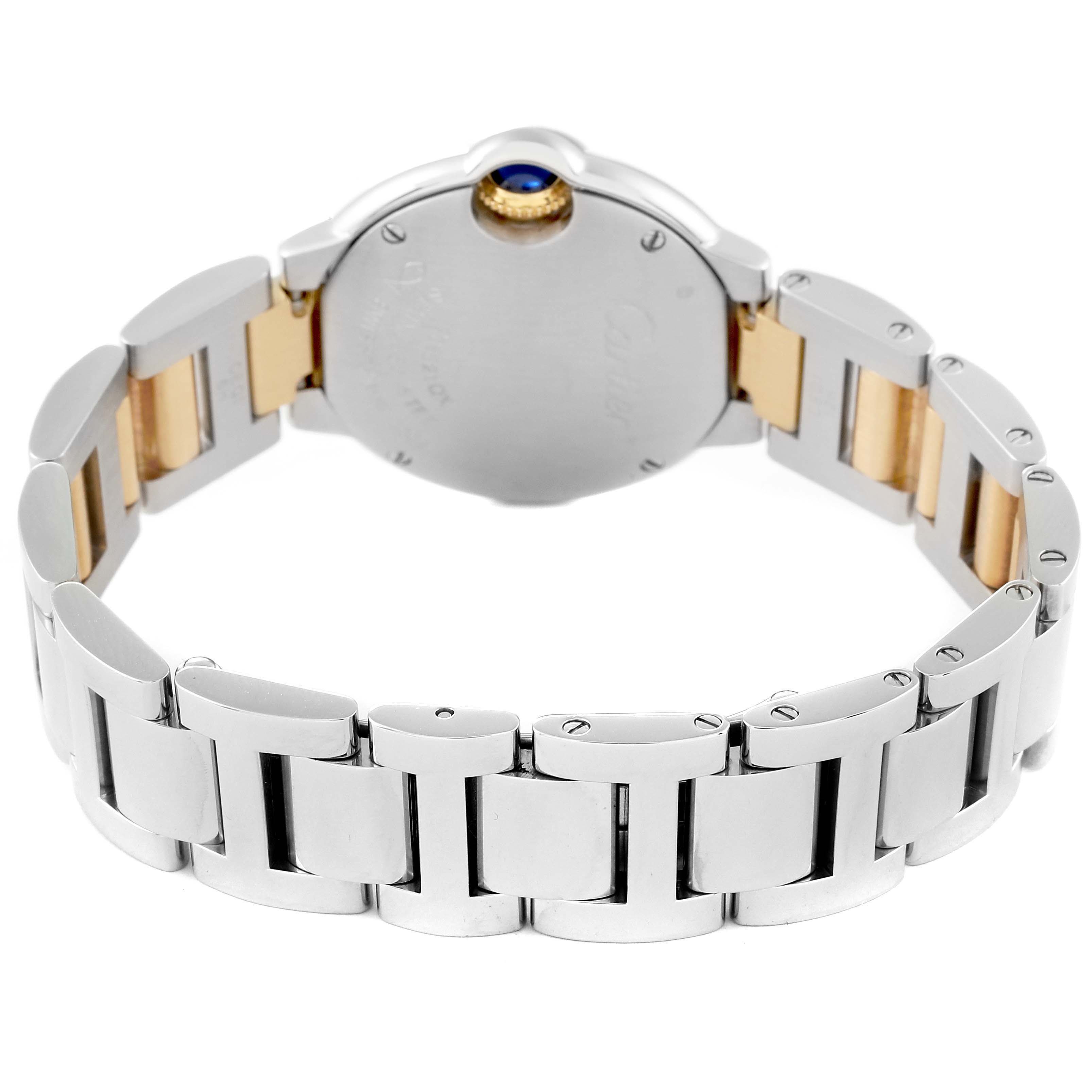 This image shows the back view of the band and case of a Cartier Ballon Bleu W2BB0010 Women
s Steel and Gold (two tone) Silver Dial W2BB0010 Women
s Steel and Gold (two tone) Silver Dial watch.