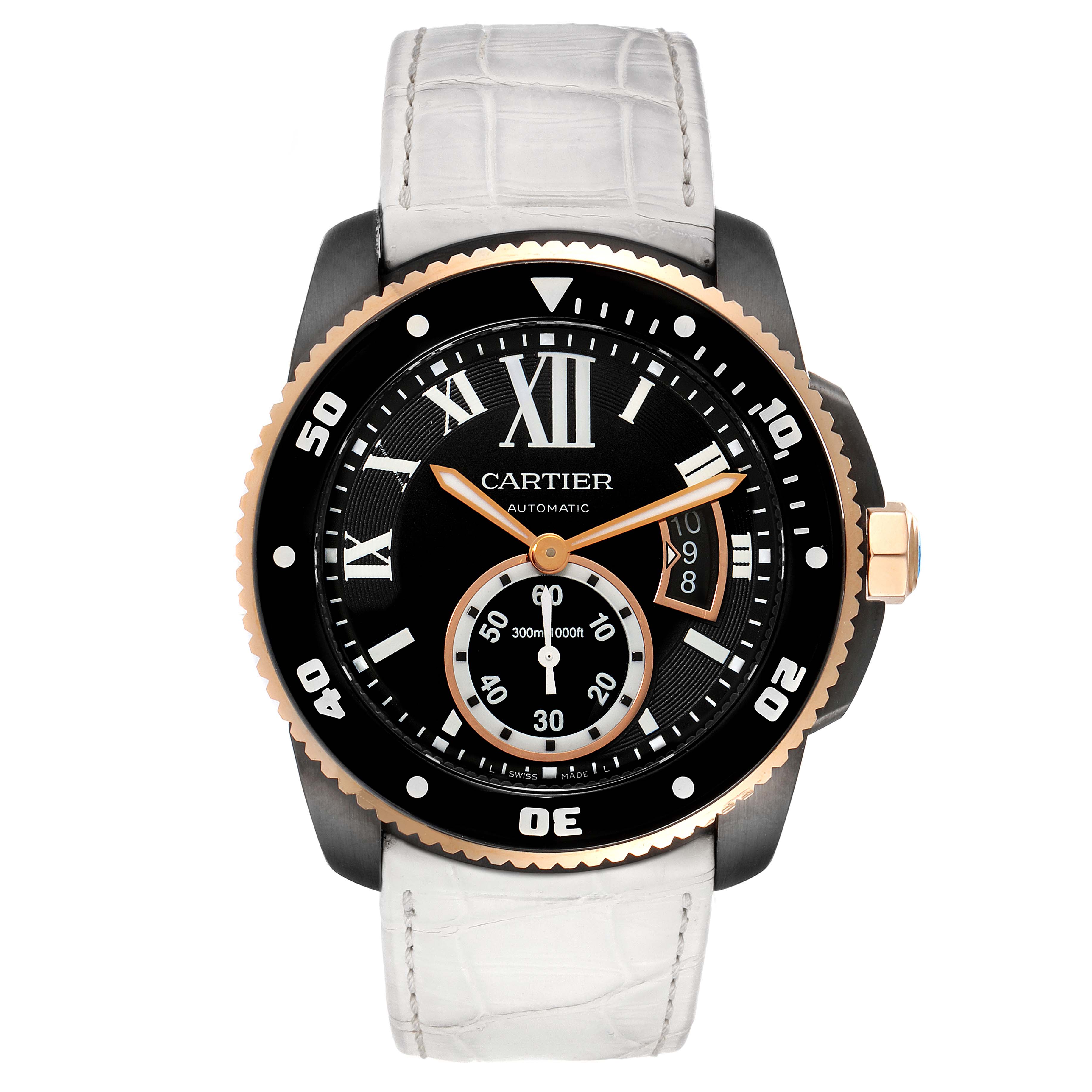 This image shows a front view of the Calibre de Cartier watch by Cartier, highlighting its face, bezel, and white leather strap.