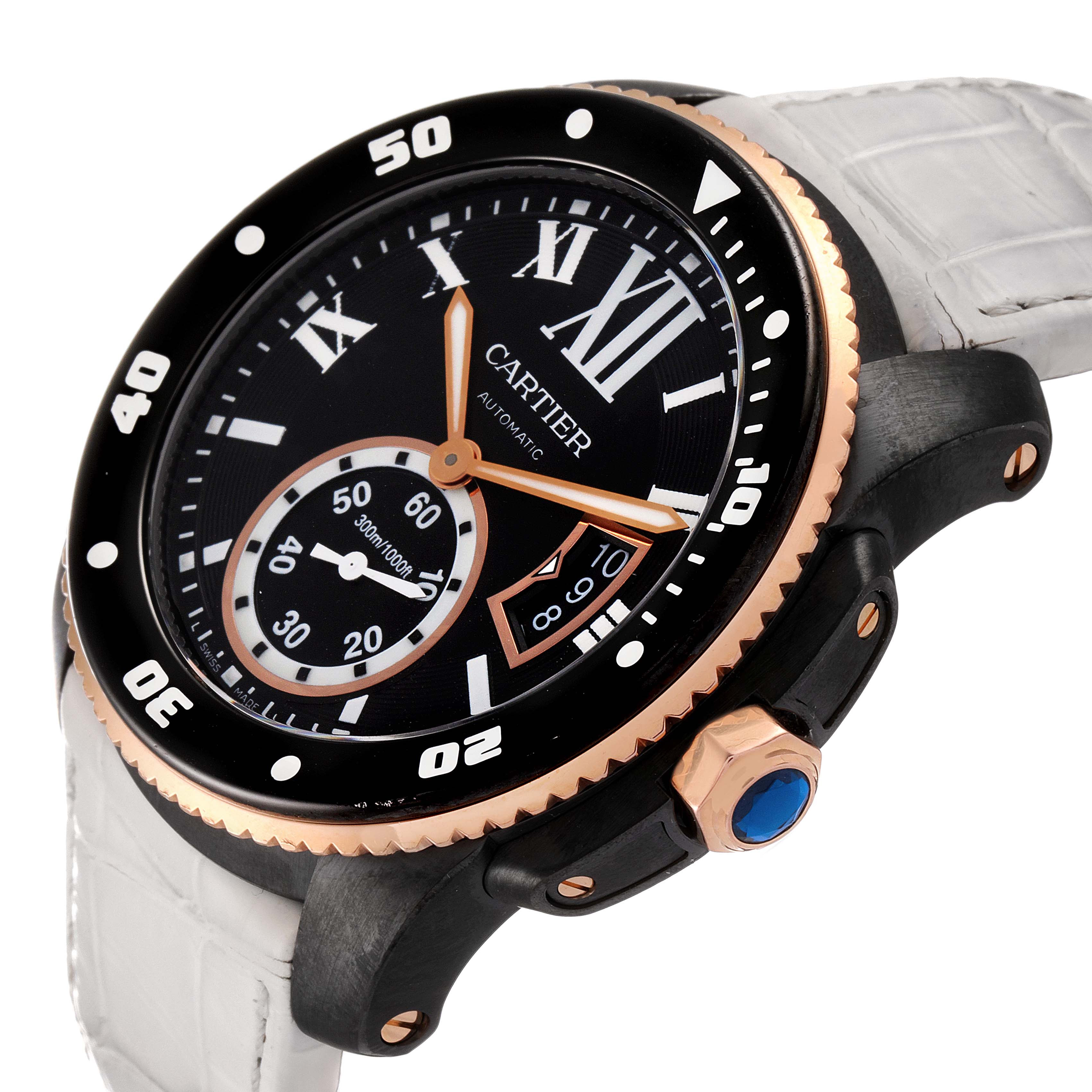 The image shows a Calibre de Cartier watch by Cartier at a slight angle, highlighting its face, bezel, crown, and part of the strap.