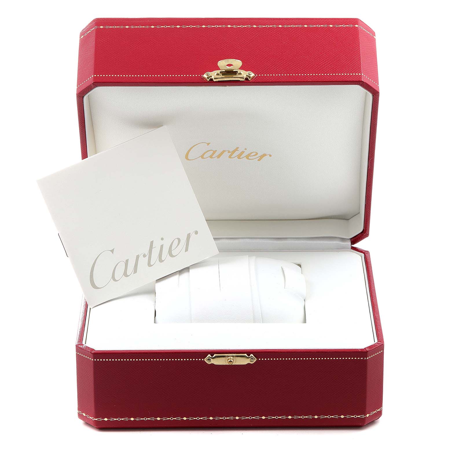 The image shows the packaging of a Calibre de Cartier watch by Cartier, with a red box and a Cartier card.