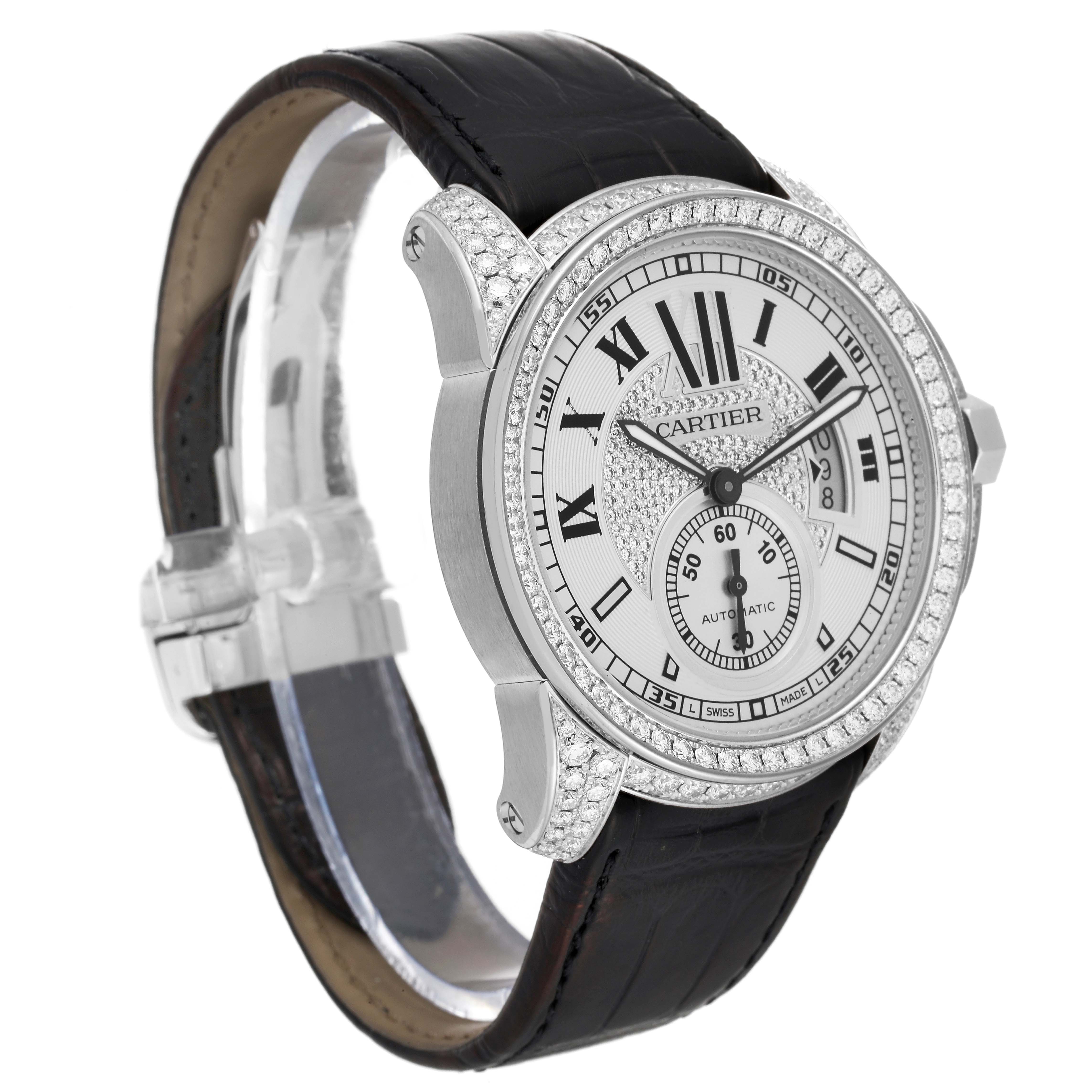This image shows a side-front angle of the Calibre de Cartier watch by Cartier, highlighting the face, bezel, and leather strap.
