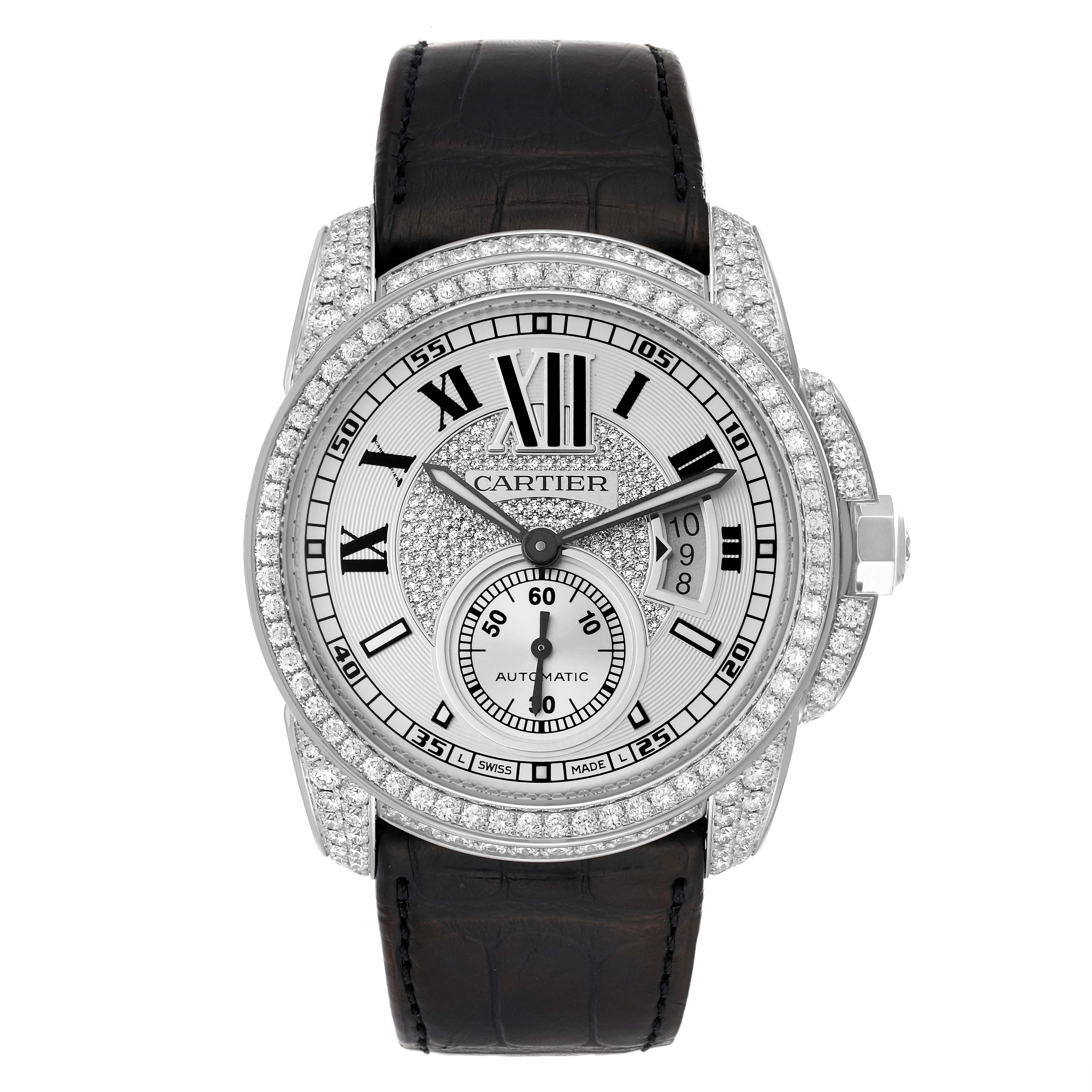 The image shows a front view of a Calibre de Cartier watch by Cartier, highlighting its dial, case, and strap.