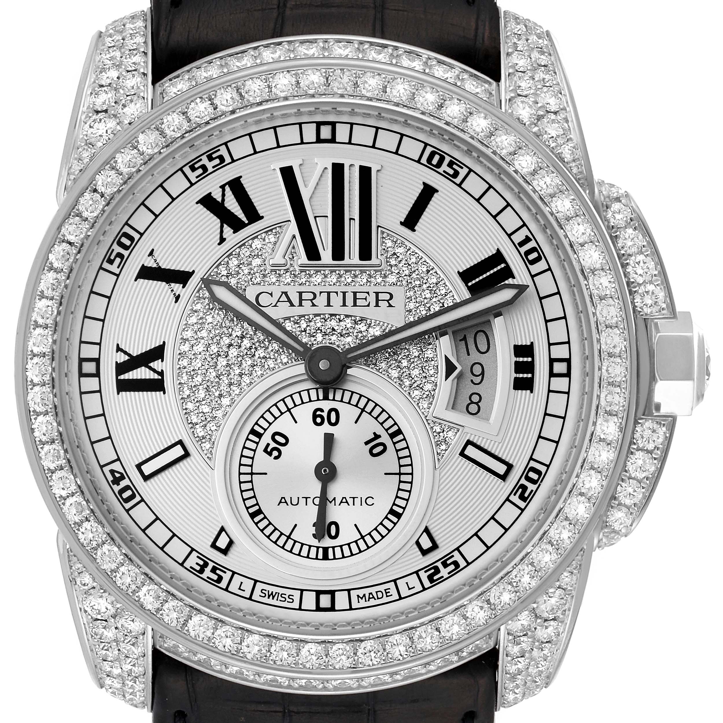 This image shows a frontal view of the Calibre de Cartier watch by Cartier, highlighting its dial, bezel, and diamond accents.