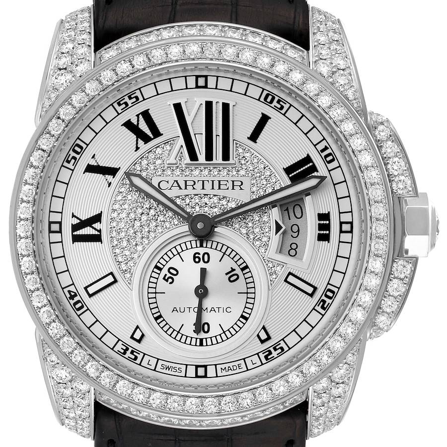 Cartier Calibre Silver Dial White Gold Diamond Mens Watch WF100007 Box Papers SwissWatchExpo