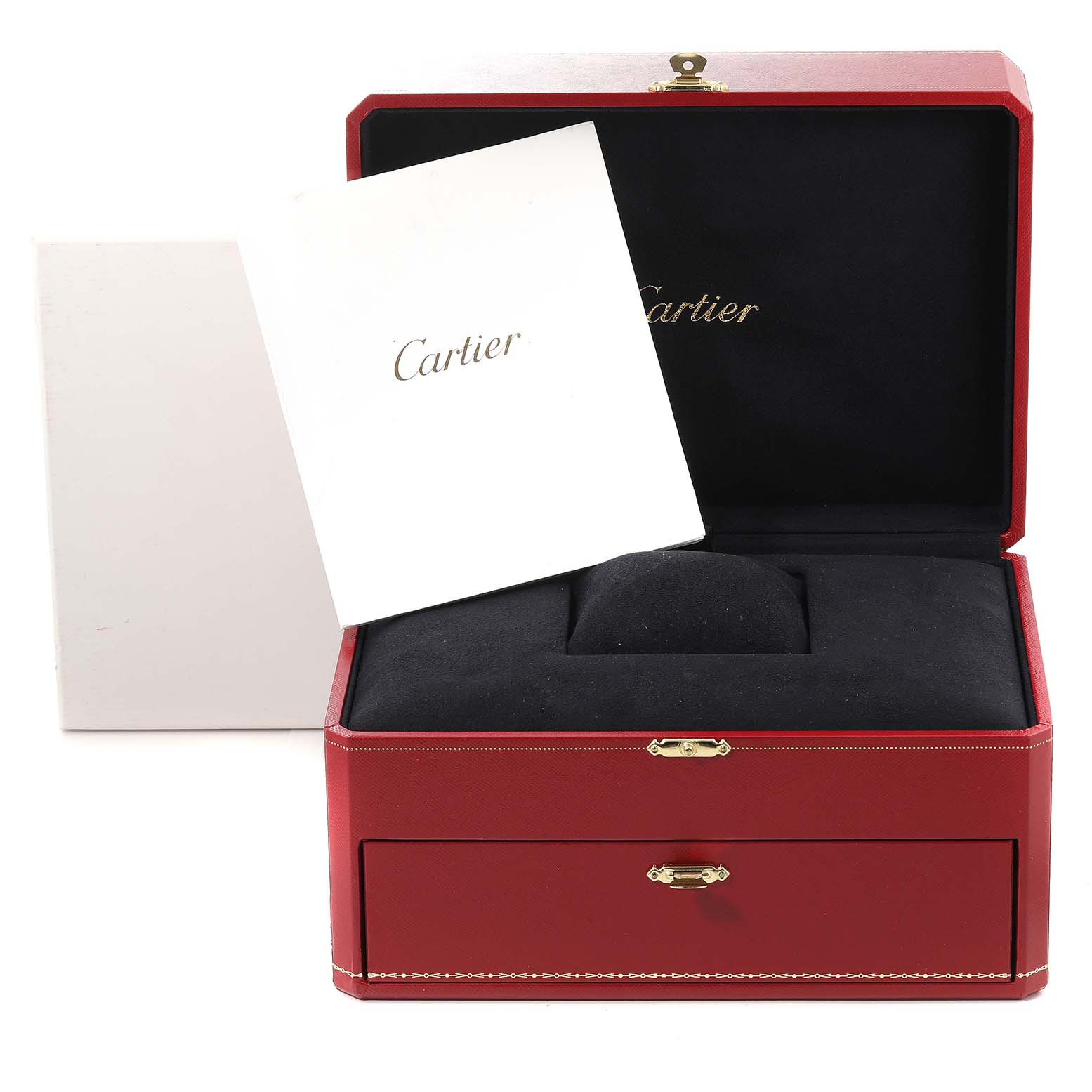 The image shows an open red watch box and documentation for the Calibre de Cartier model by Cartier.