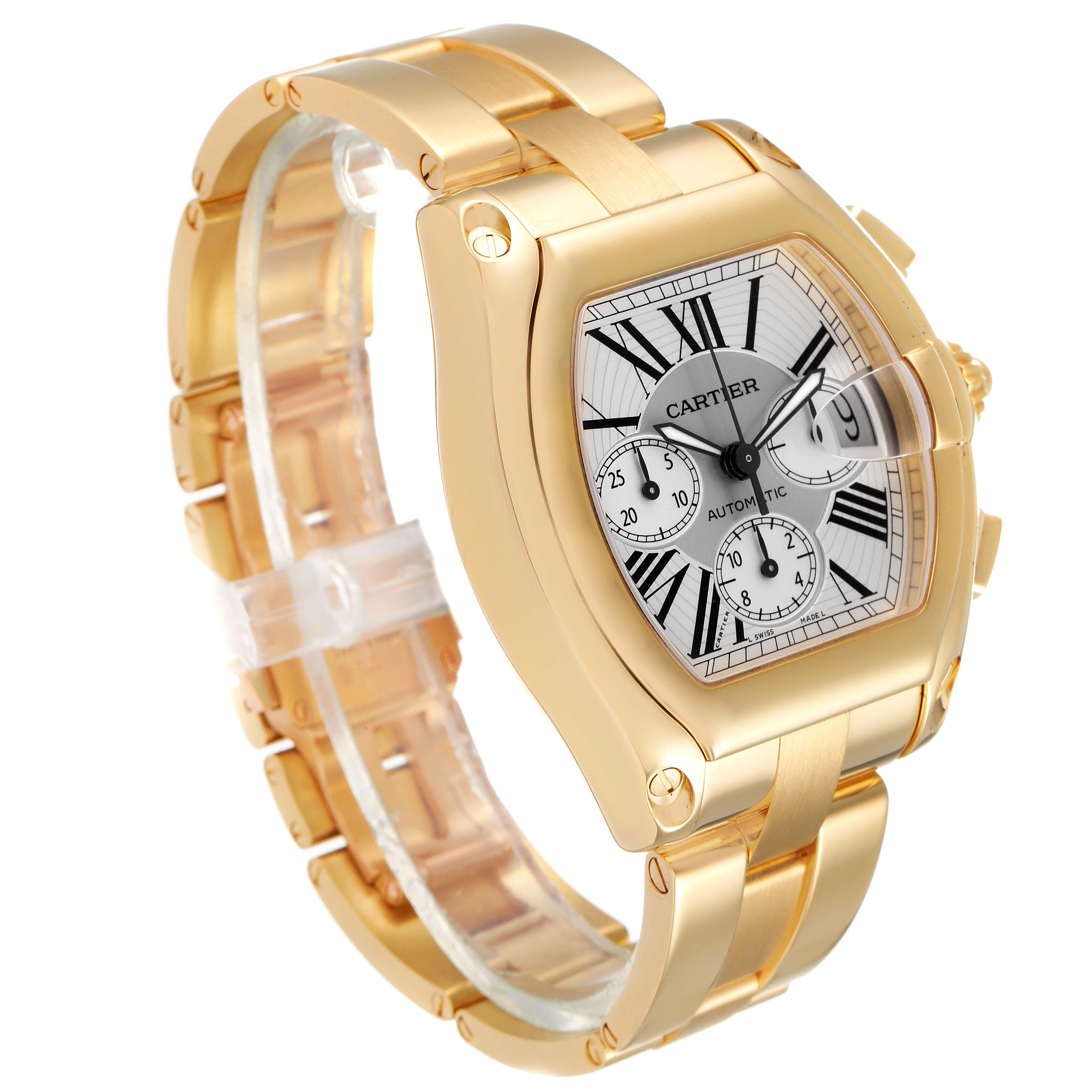 The Cartier Roadster W62021Y2 Men's Yellow Gold  W62021Y2 Men's Yellow Gold  watch is shown at a slight left angle, showcasing the gold case, dial, and metal bracelet.