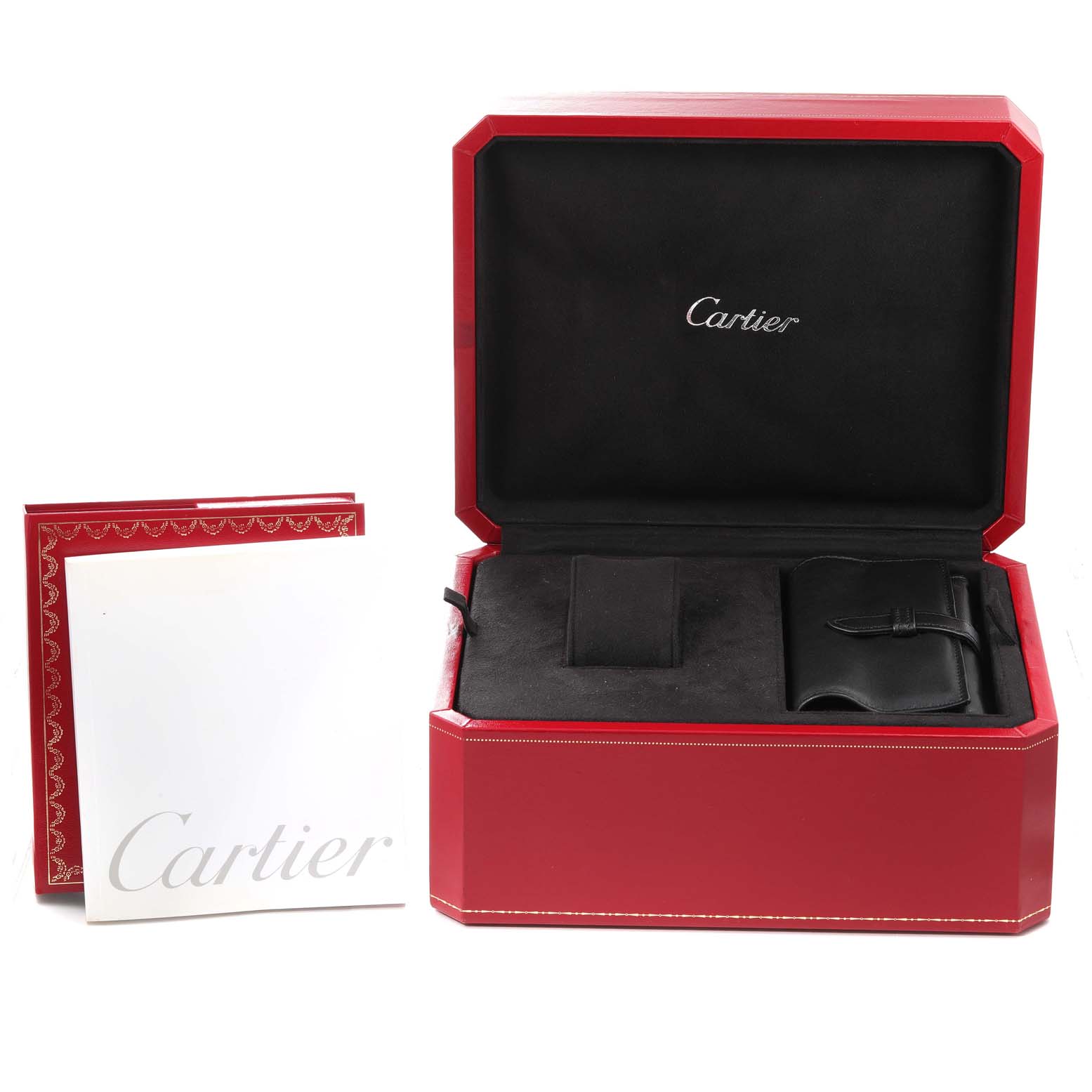 The image shows a Cartier Roadster W62021Y2 Men's Yellow Gold  W62021Y2 Men's Yellow Gold  watch box and accessories including booklets and a leather pouch.