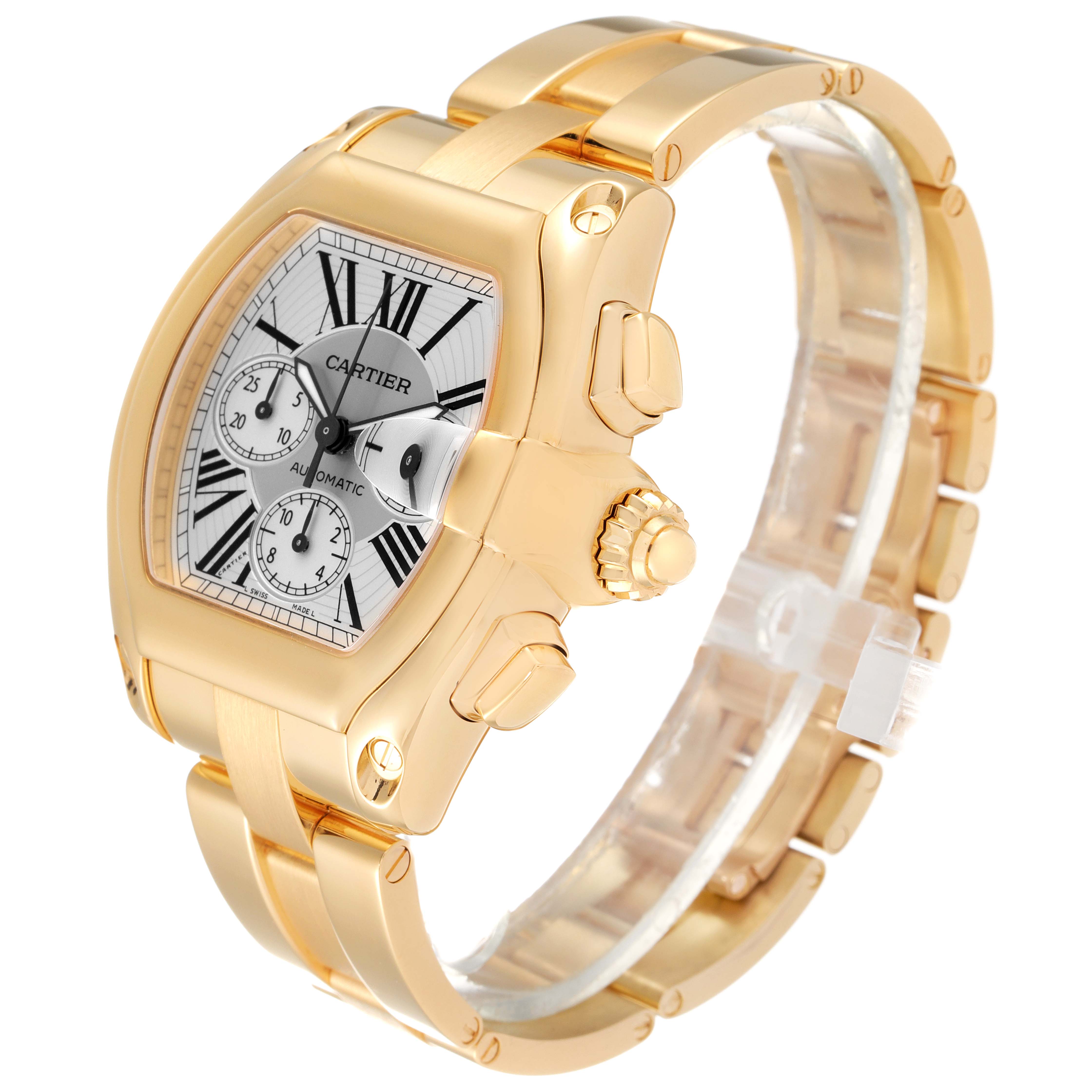 The image shows a Cartier Roadster W62021Y2 Men's Yellow Gold  W62021Y2 Men's Yellow Gold  watch from a three-quarter angle, displaying the case, dial, crown, and part of the bracelet.