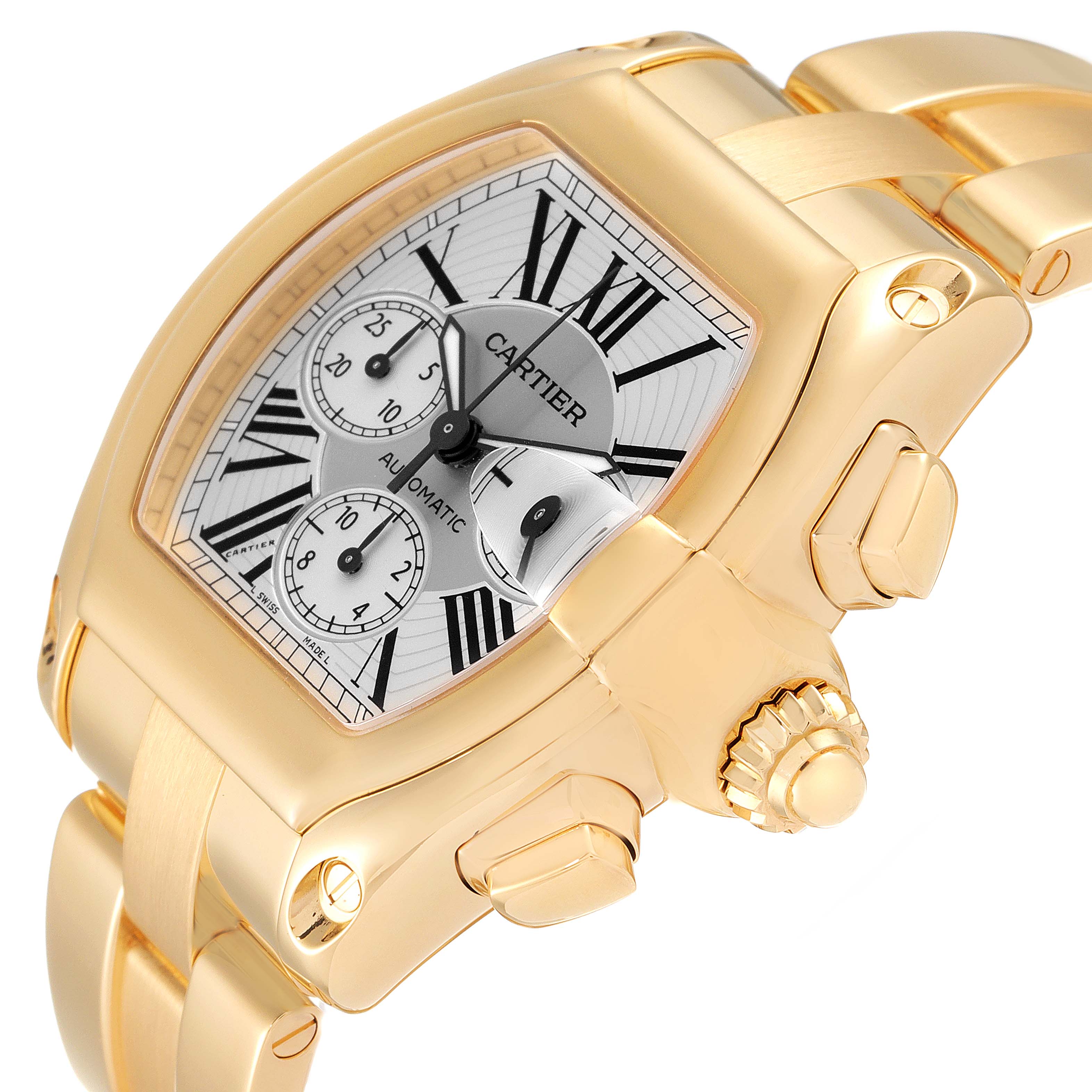 This image shows a close-up view of a Cartier Roadster W62021Y2 Men's Yellow Gold  W62021Y2 Men's Yellow Gold  watch's dial, case, crown, and part of the bracelet from an angled perspective.