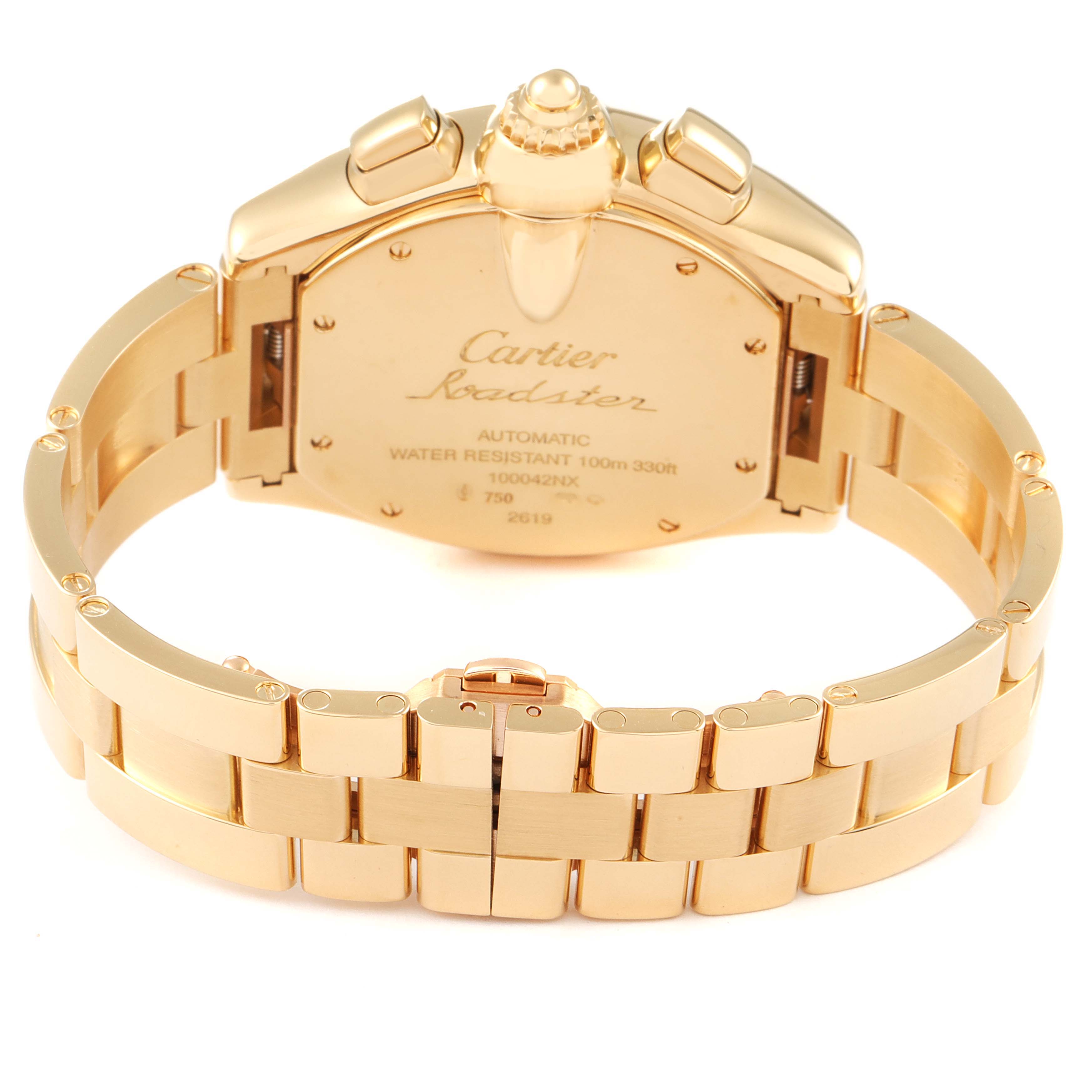 This image shows the back and bracelet of the Cartier Roadster W62021Y2 Men's Yellow Gold  W62021Y2 Men's Yellow Gold  watch, highlighting the case back and clasp.