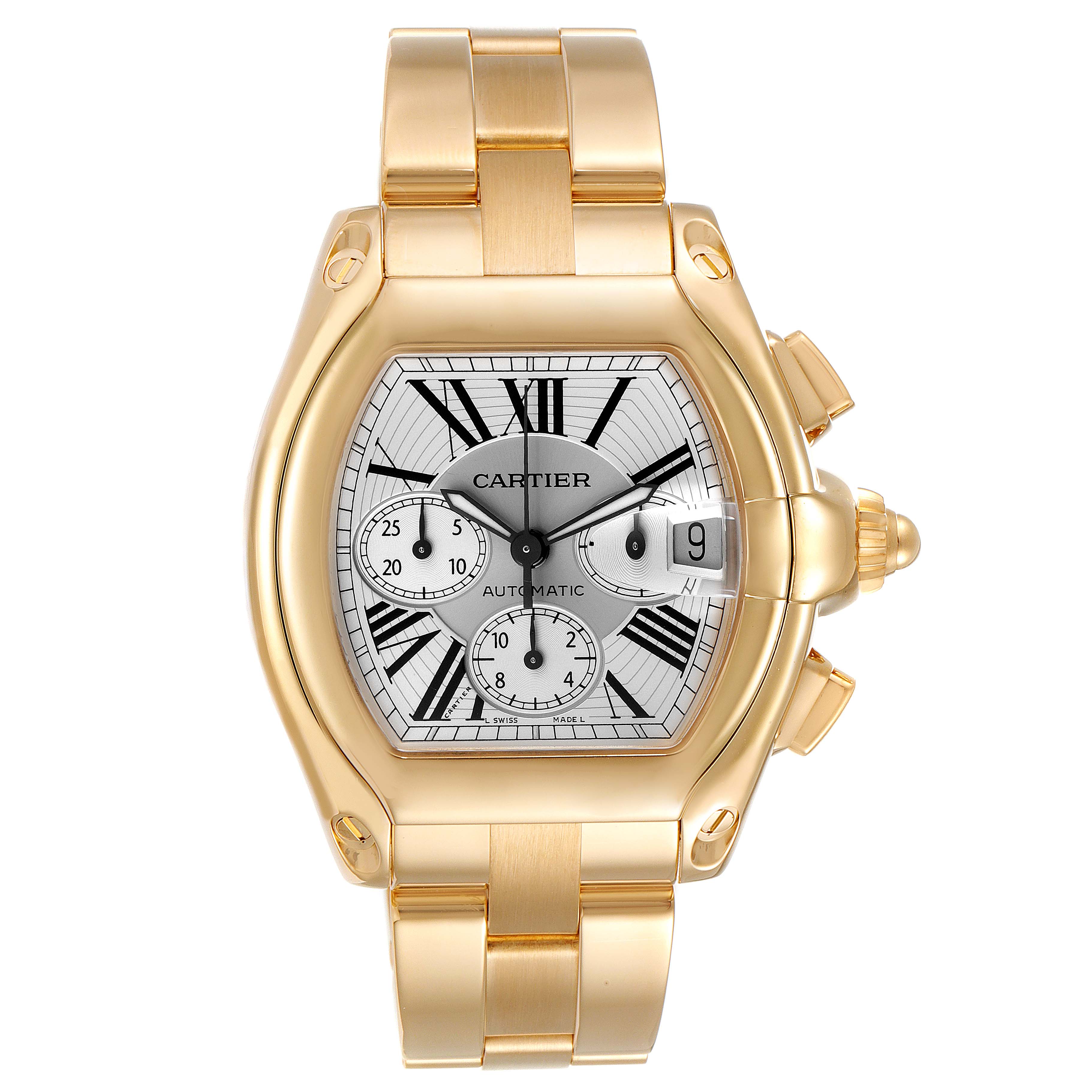 The image shows a Cartier Roadster W62021Y2 Men's Yellow Gold  W62021Y2 Men's Yellow Gold  watch from a front angle, highlighting the dial, chronograph subdials, and gold bracelet.