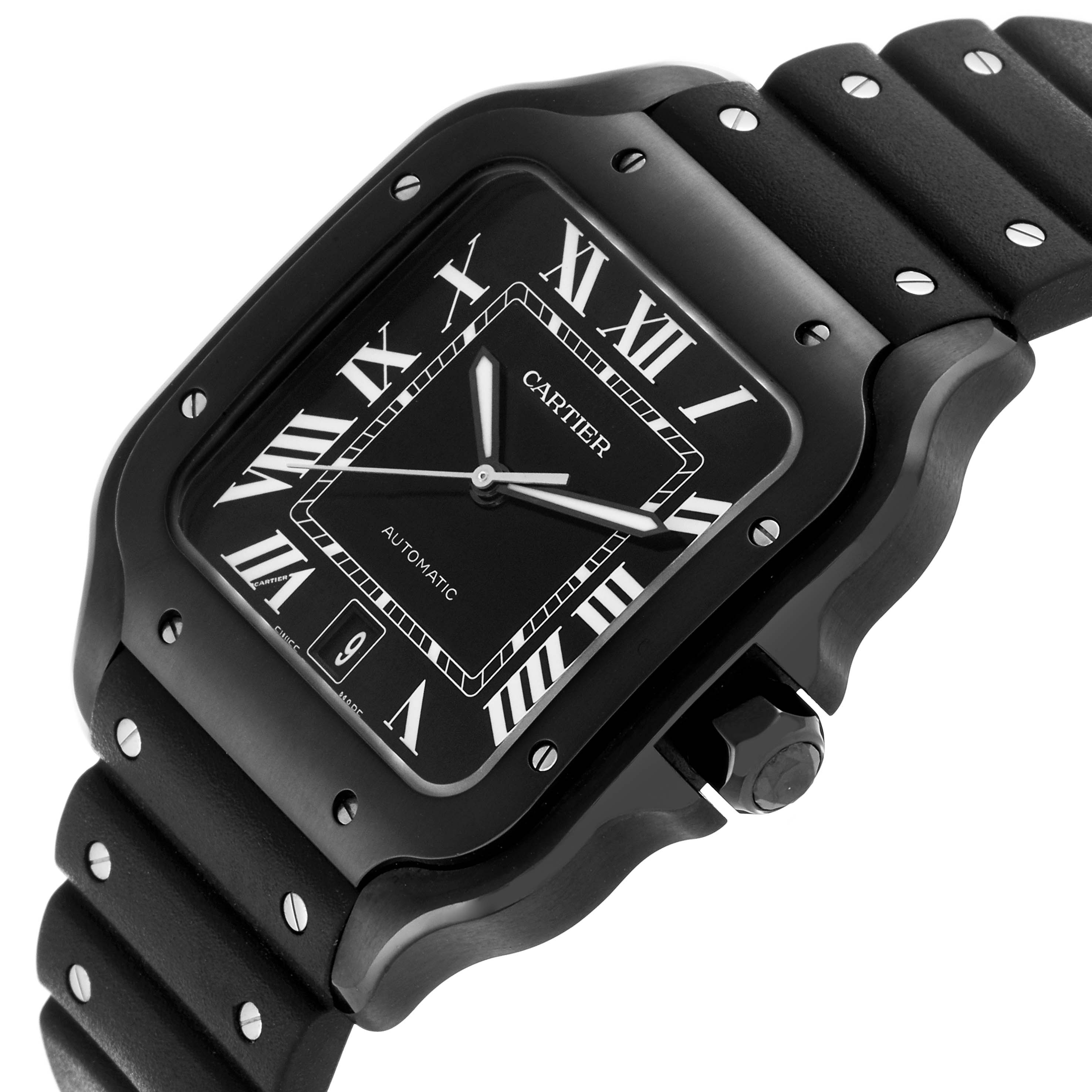 The Cartier Santos WSSA0039 Men
s Stainless Steel Black Dial WSSA0039 Men
s Stainless Steel Black Dial watch is shown from a slight angled top-down view, highlighting its face, case, and part of the strap.