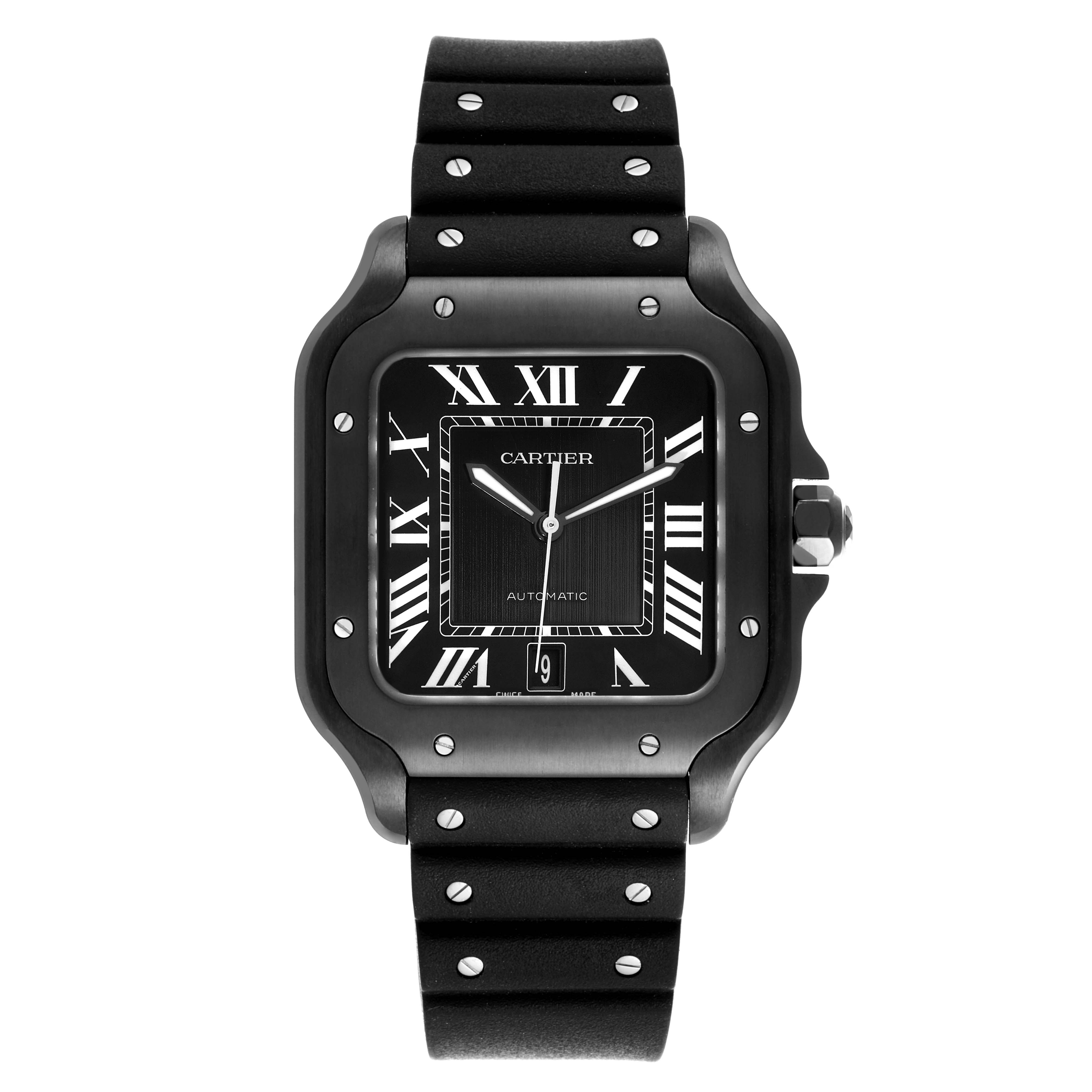 The Cartier Santos WSSA0039 Men
s Stainless Steel Black Dial WSSA0039 Men
s Stainless Steel Black Dial watch is shown from a front view, highlighting the dial, bezel, and strap.