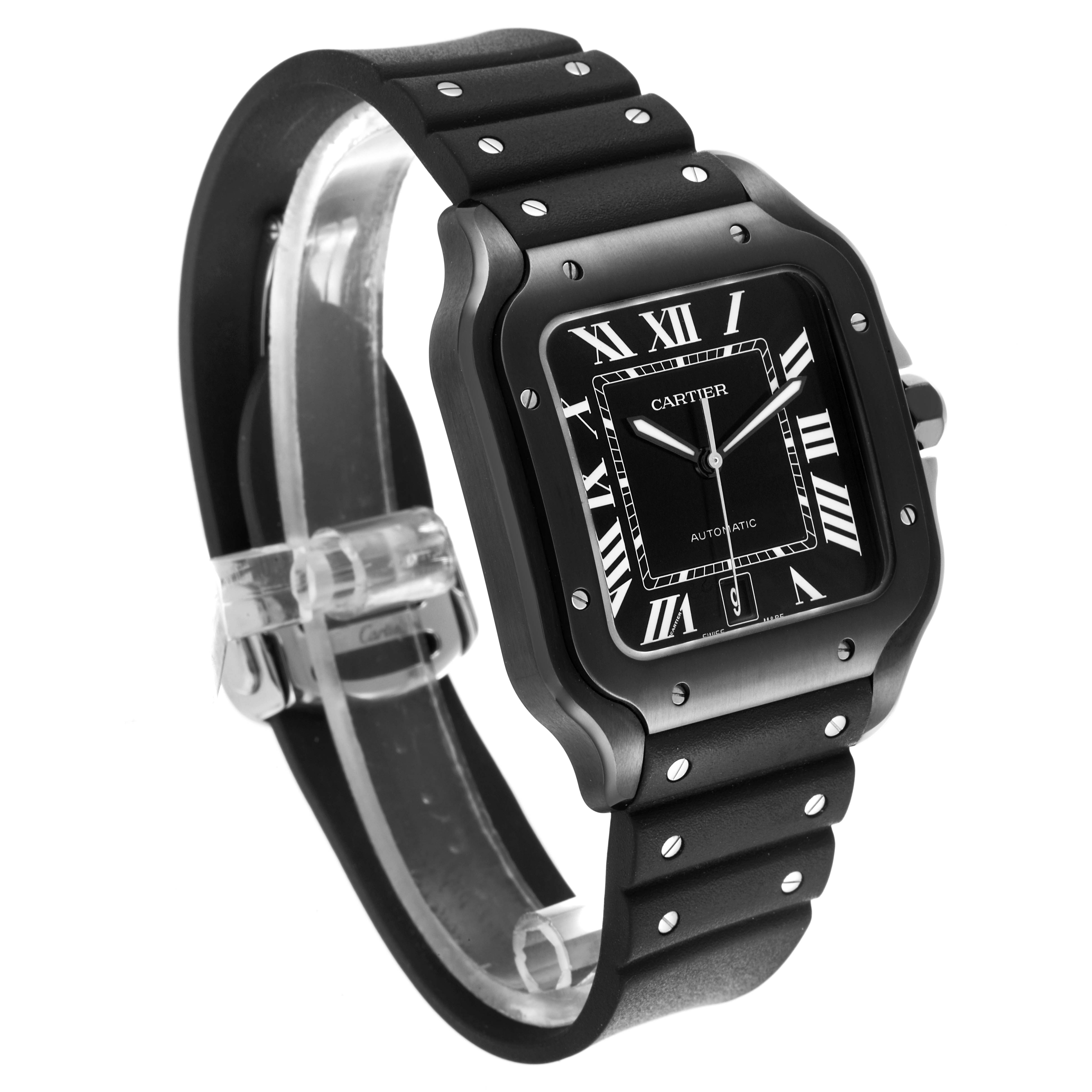 The Cartier Santos WSSA0039 Men
s Stainless Steel Black Dial WSSA0039 Men
s Stainless Steel Black Dial watch is angled to show the face, bezel, case, and rubber strap.