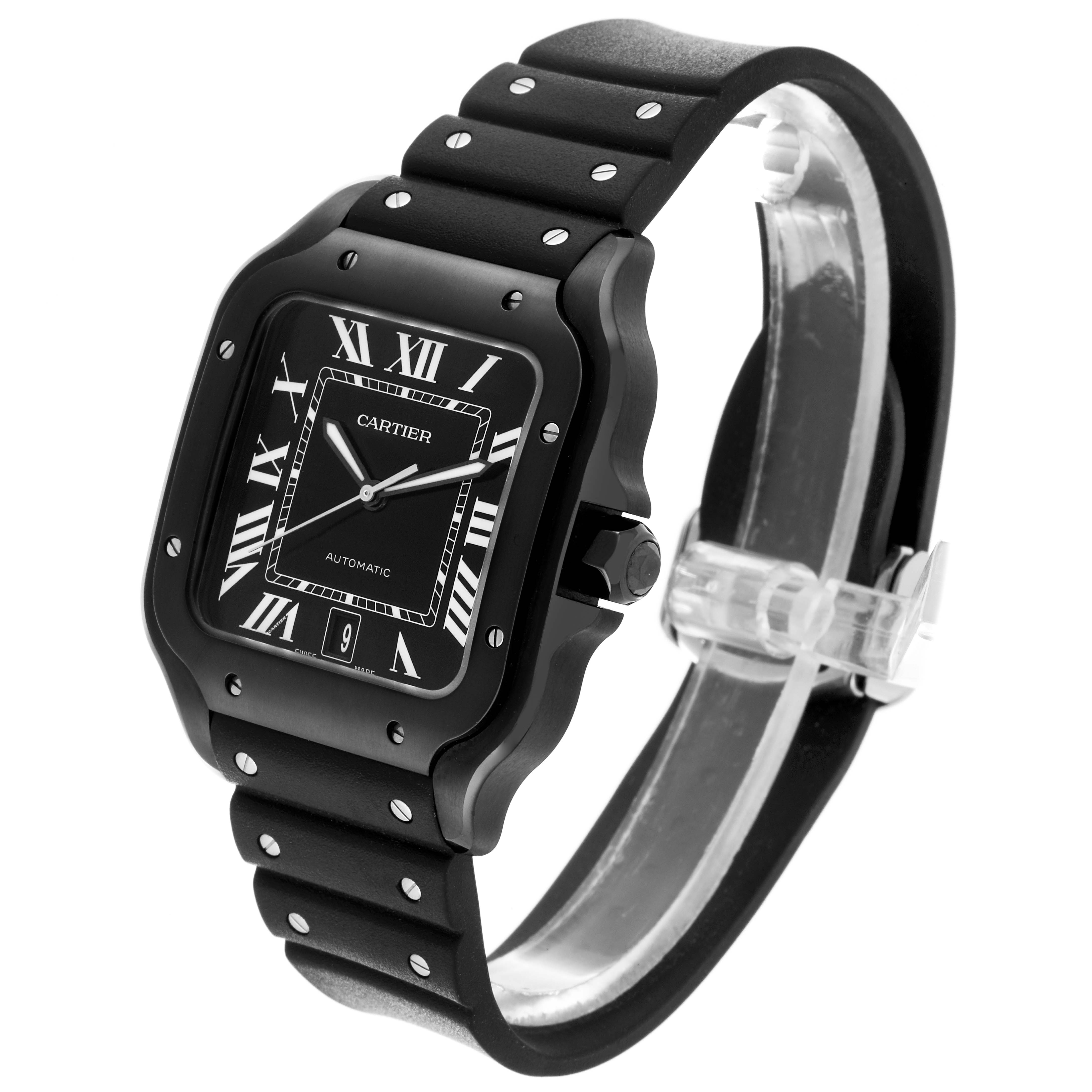 The Cartier Santos WSSA0039 Men
s Stainless Steel Black Dial WSSA0039 Men
s Stainless Steel Black Dial watch is shown at an oblique angle, highlighting the face, strap, and side profile with a visible crown.
