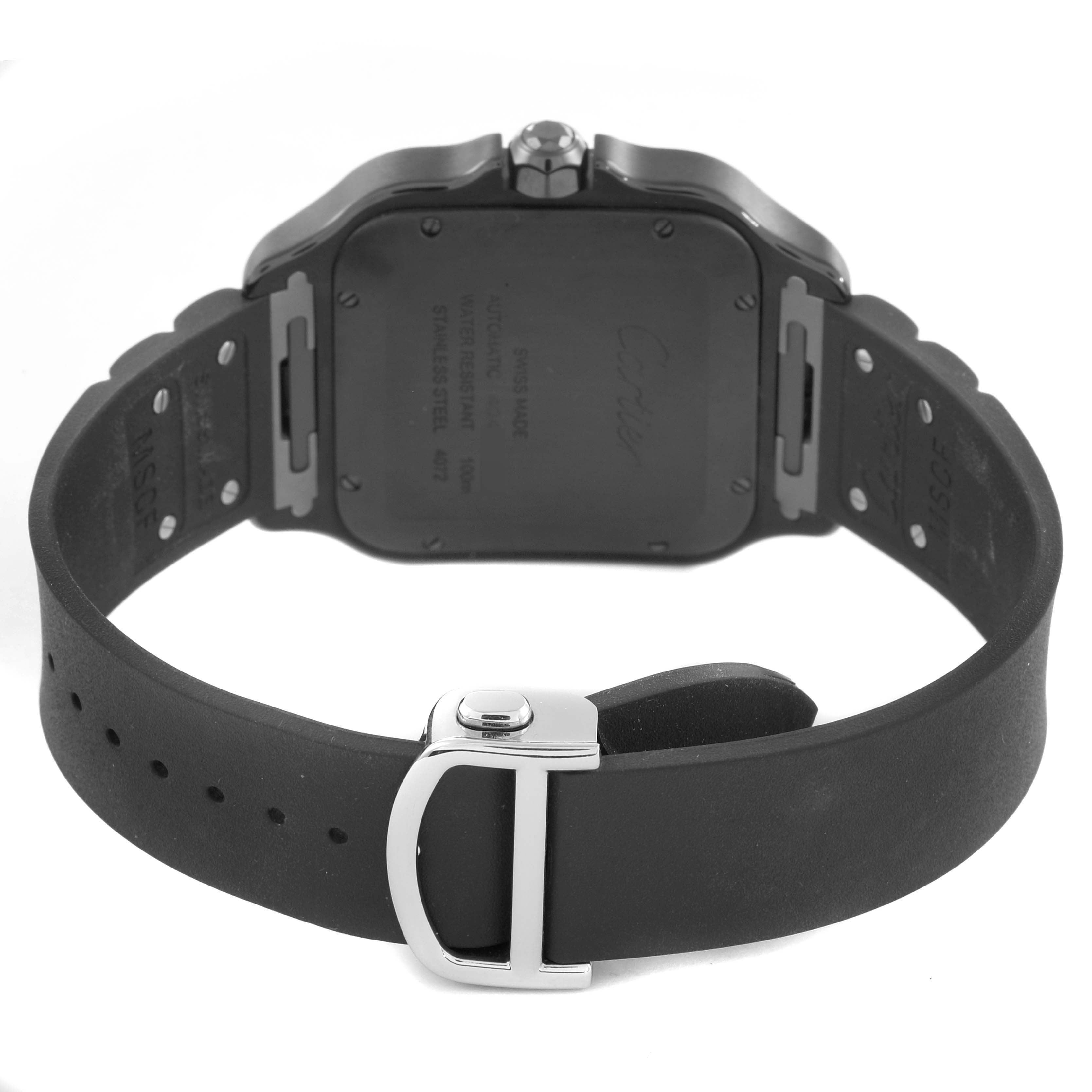 The image shows the back of a Cartier Santos WSSA0039 Men
s Stainless Steel Black Dial WSSA0039 Men
s Stainless Steel Black Dial watch, highlighting the case back and the black rubber strap with a silver buckle.