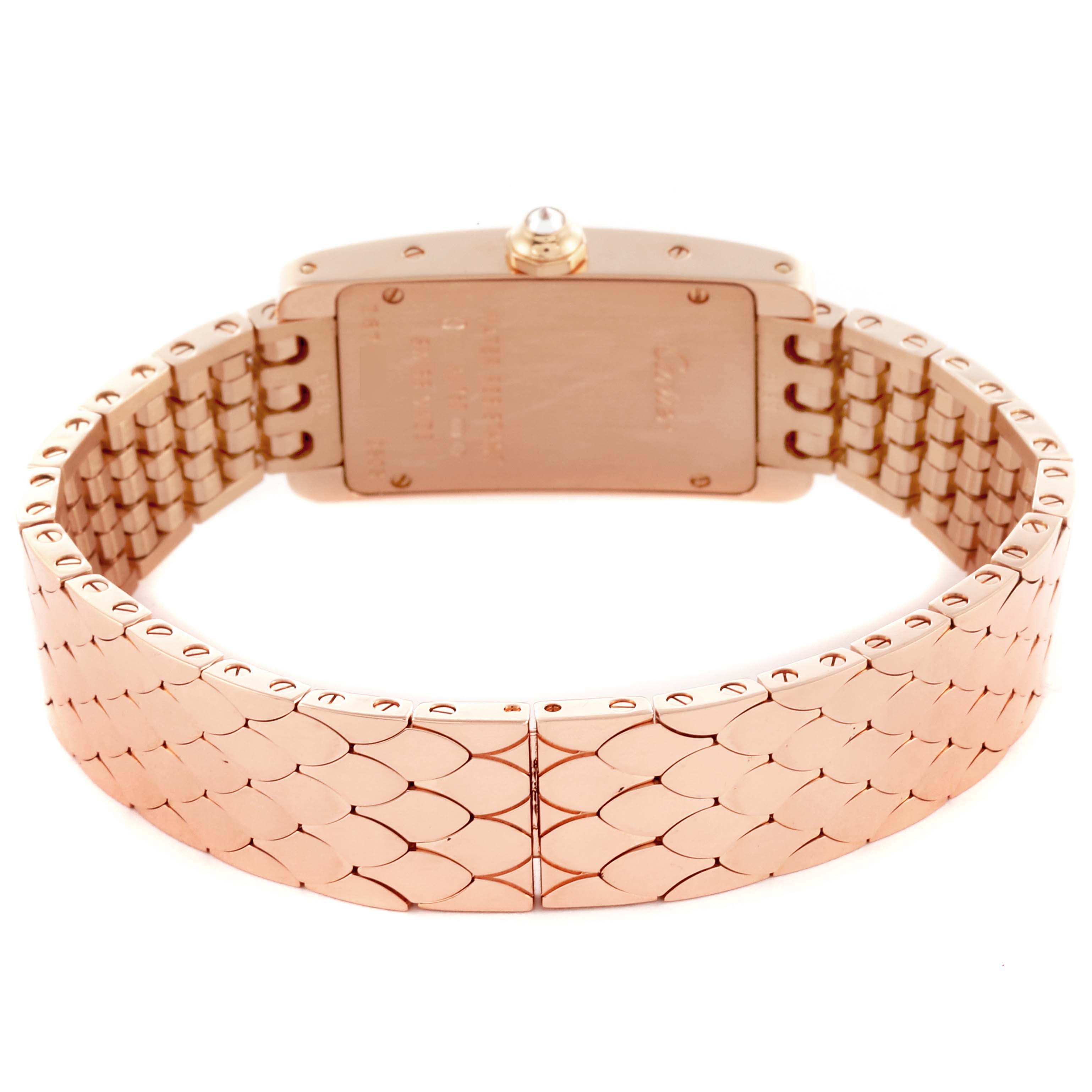 The Cartier Tank Americaine WB710008 Women's Rose Gold Silver Dial WB710008 Women's Rose Gold Silver Dial is shown from the back, highlighting its rose gold bracelet and case.