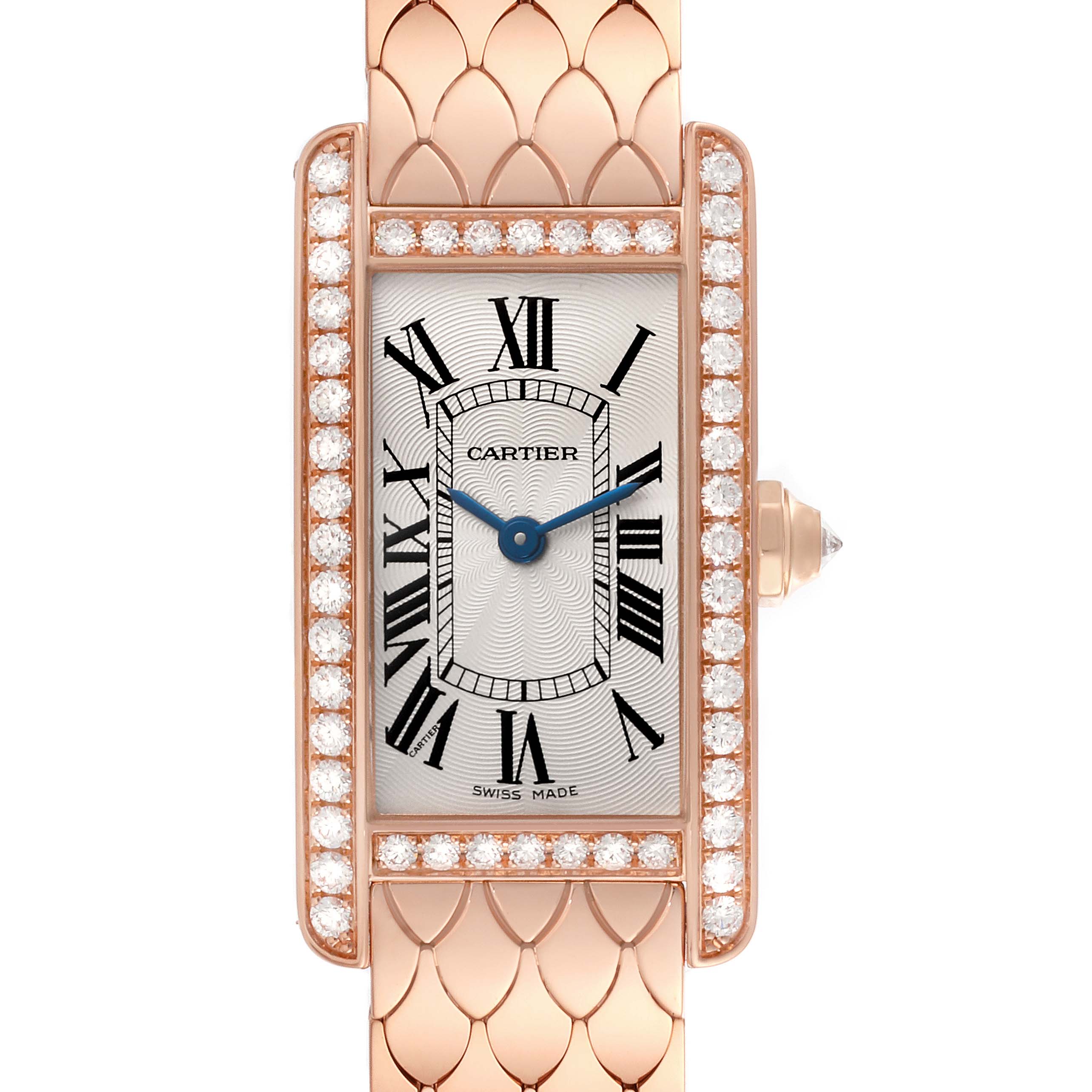The Cartier Tank Americaine WB710008 Women's Rose Gold Silver Dial WB710008 Women's Rose Gold Silver Dial watch is shown from the front, highlighting its face, diamond bezel, and strap design.