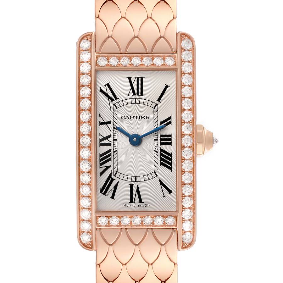 The Cartier Tank Americaine watch is shown from the front, highlighting its face, diamond bezel, and strap design.