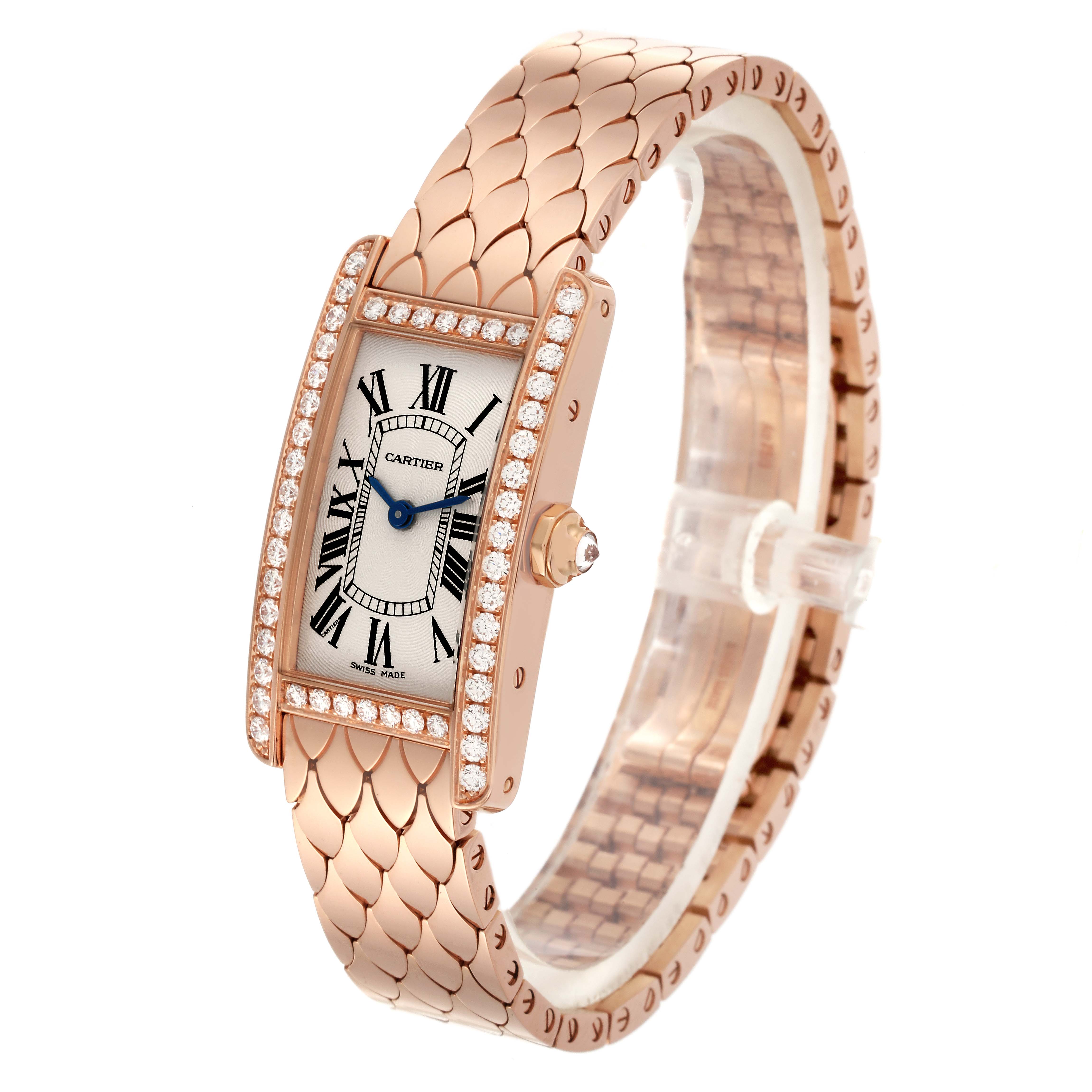 The Cartier Tank Americaine WB710008 Women's Rose Gold Silver Dial WB710008 Women's Rose Gold Silver Dial watch is shown at a slight angled view, highlighting the bracelet, bezel, and face.