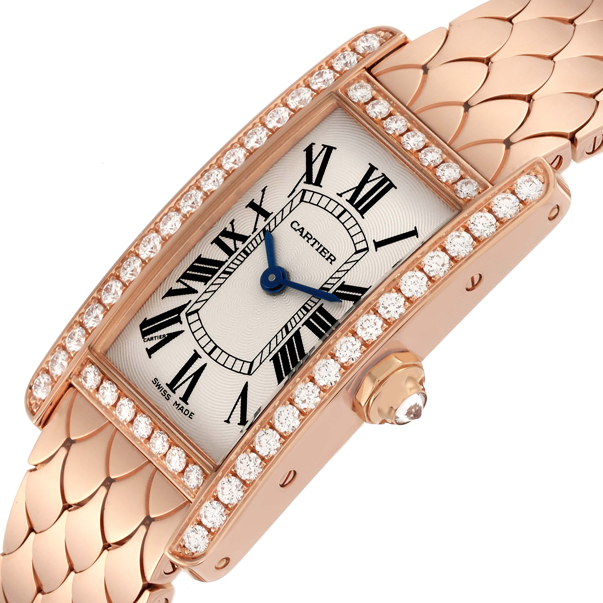 The Cartier Tank Americaine WB710008 Women's Rose Gold Silver Dial WB710008 Women's Rose Gold Silver Dial watch is shown from a diagonal angle highlighting the diamond bezel, dial, and bracelet.
