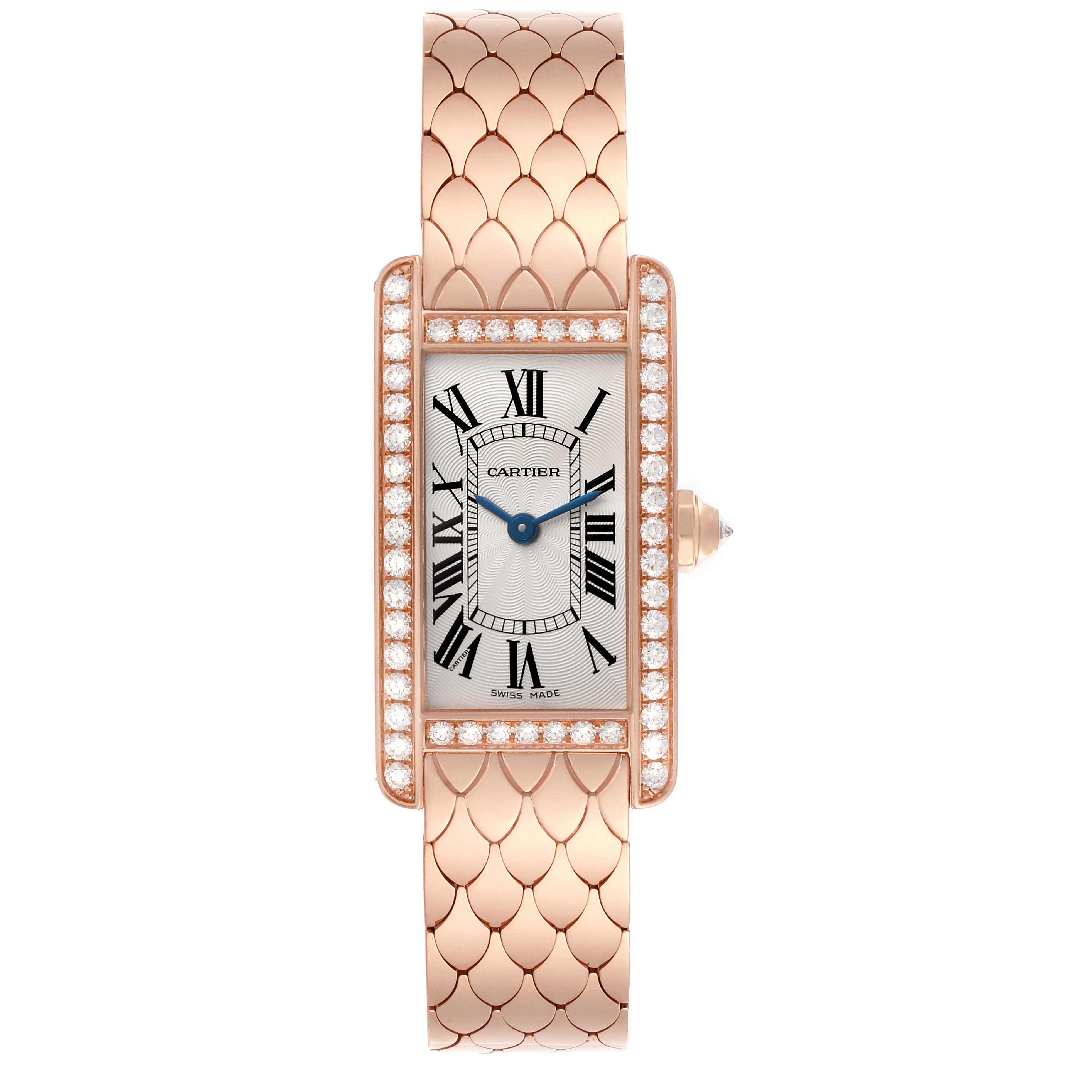 The Cartier Tank Americaine WB710008 Women's Rose Gold Silver Dial WB710008 Women's Rose Gold Silver Dial watch is shown from a top-down angle, displaying the face, case, and strap details.