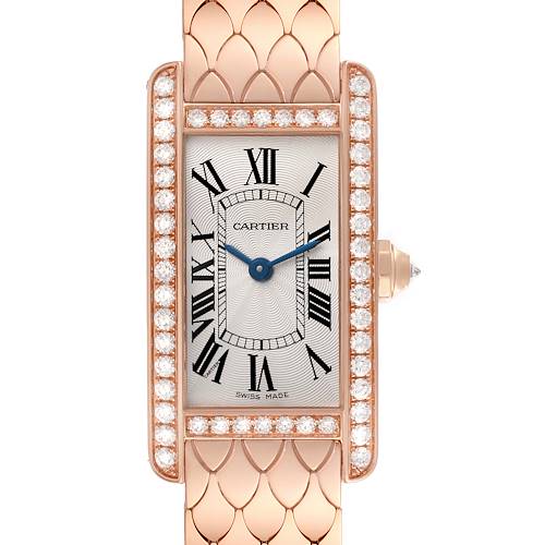 The Cartier Tank Americaine watch is shown from a front angle, highlighting its face, bracelet, and diamond bezel.